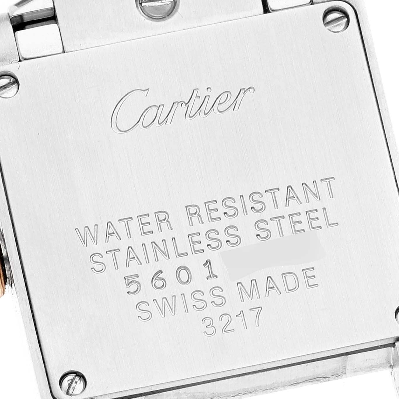 The image shows the case back of a Cartier Tank Française watch, highlighting its water resistance and stainless steel material.