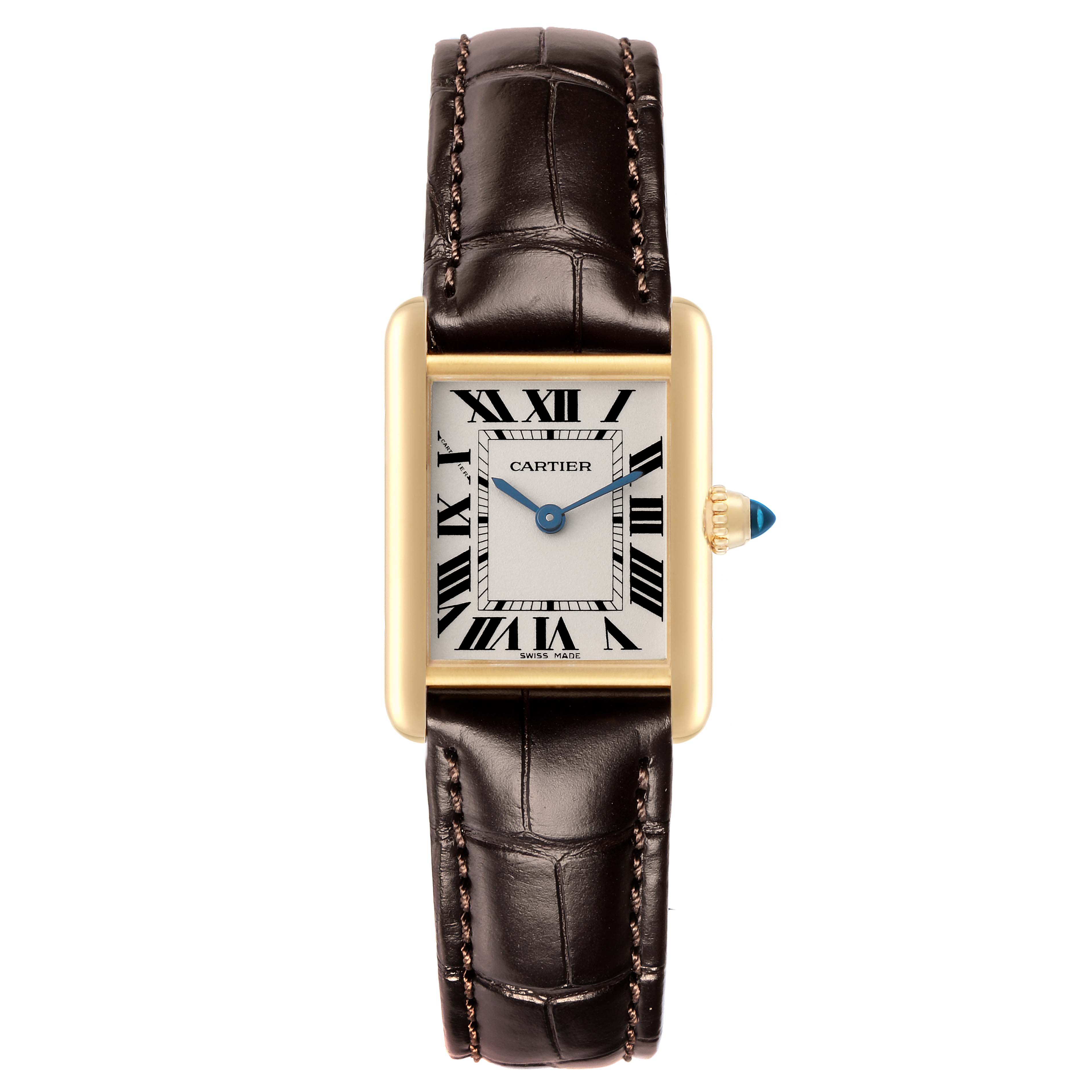 The Cartier Tank Louis W1529856 Women
s Yellow Gold Silver Dial watch is shown from a top view, displaying the case, bracelet, dial, and crown.