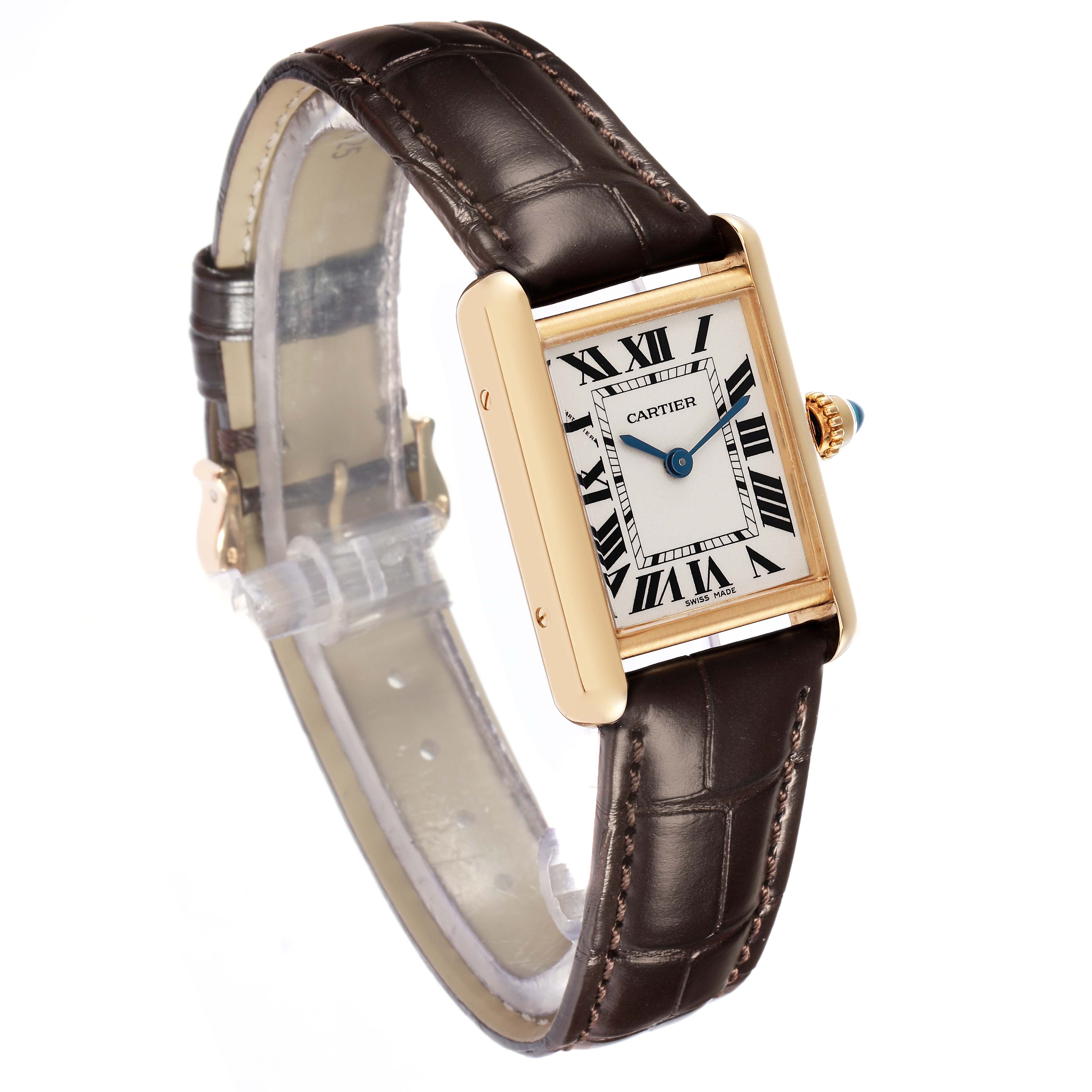 The Cartier Tank Louis W1529856 Women
s Yellow Gold Silver Dial watch is shown at a slight angle, displaying the face, case, crown, and leather strap.