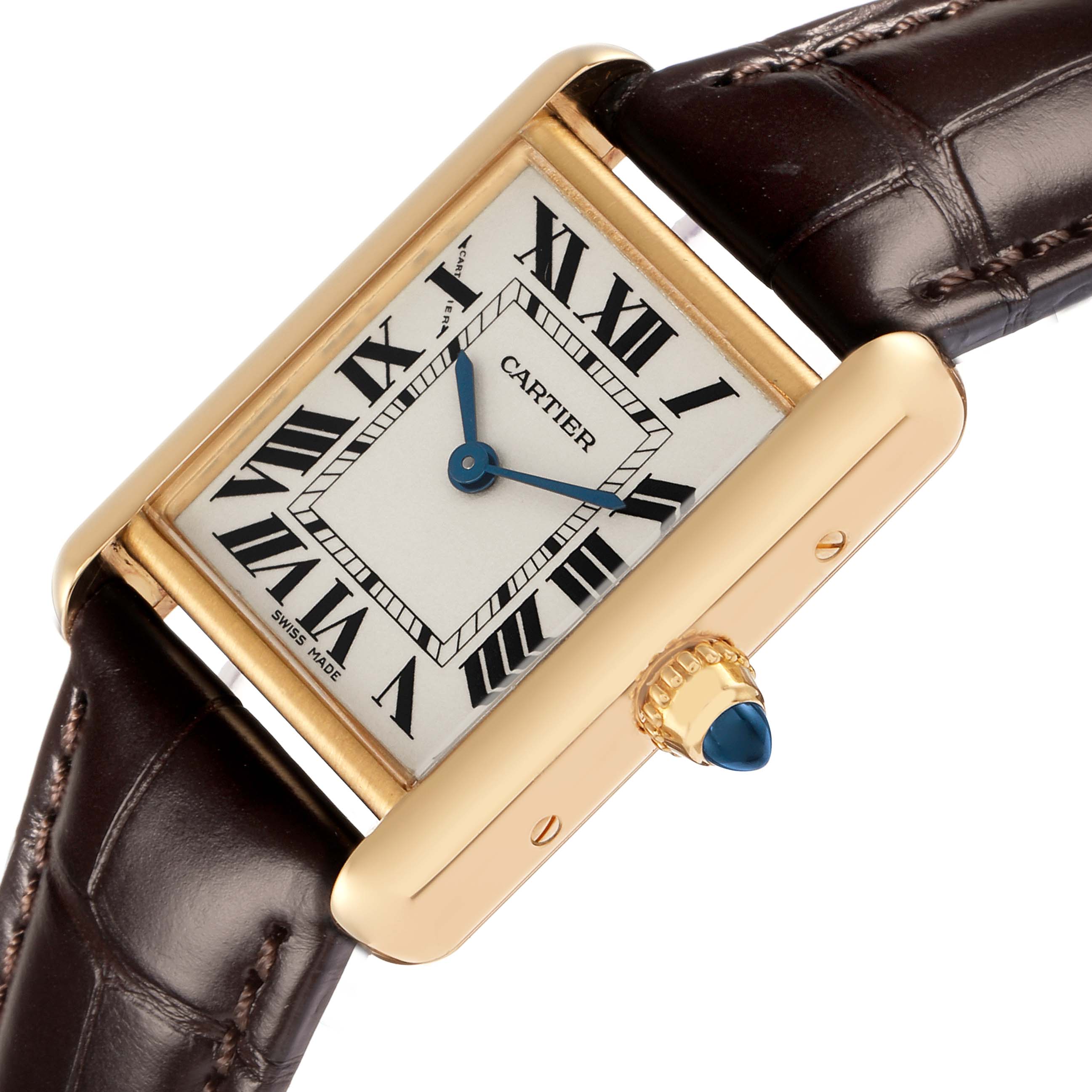 The Cartier Tank Louis W1529856 Women
s Yellow Gold Silver Dial watch is shown at an angle highlighting the rectangular face, Roman numerals, and crown with a blue cabochon.
