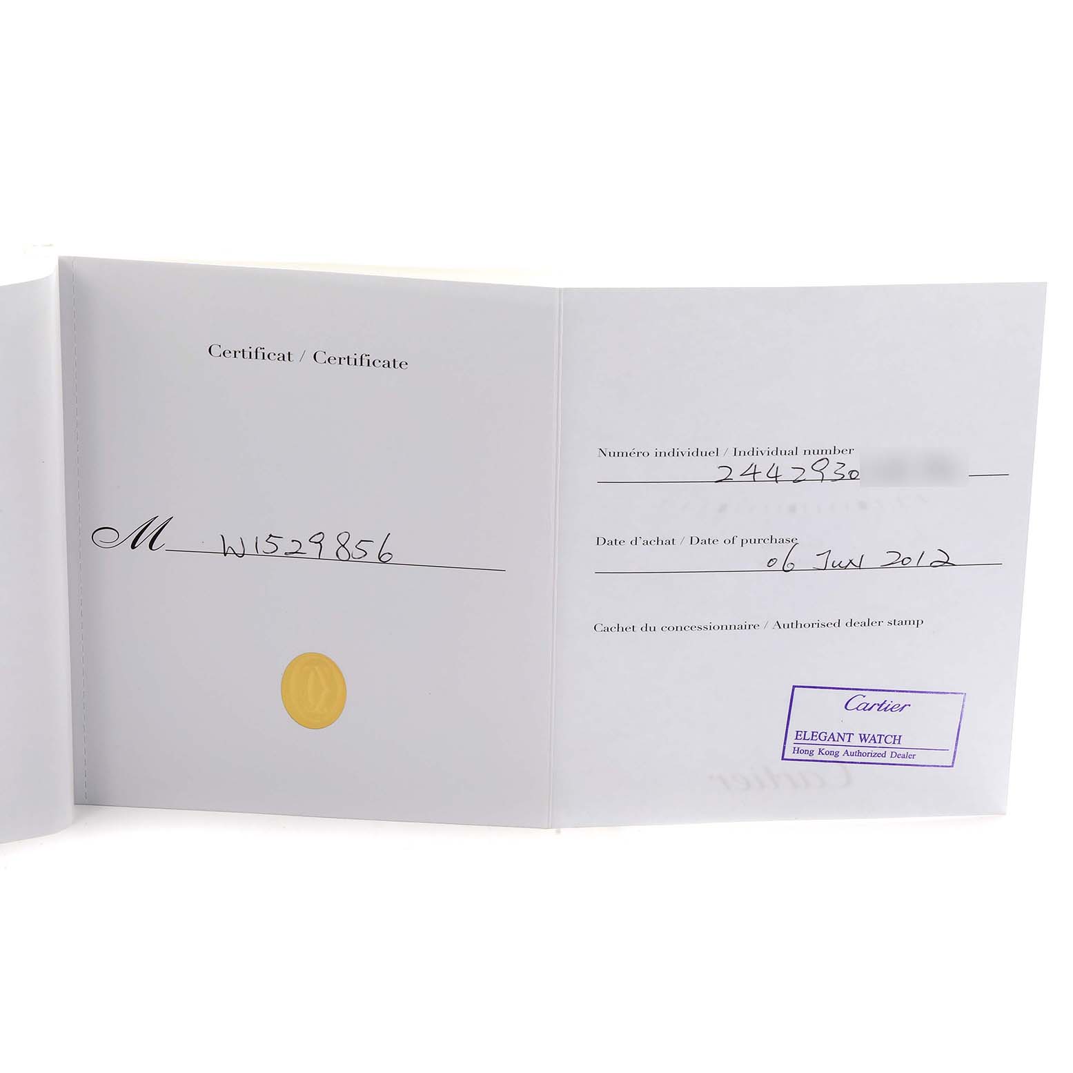 The image shows a certificate for the Cartier Tank Louis W1529856 Women
s Yellow Gold Silver Dial watch, displaying its serial number and purchase details.