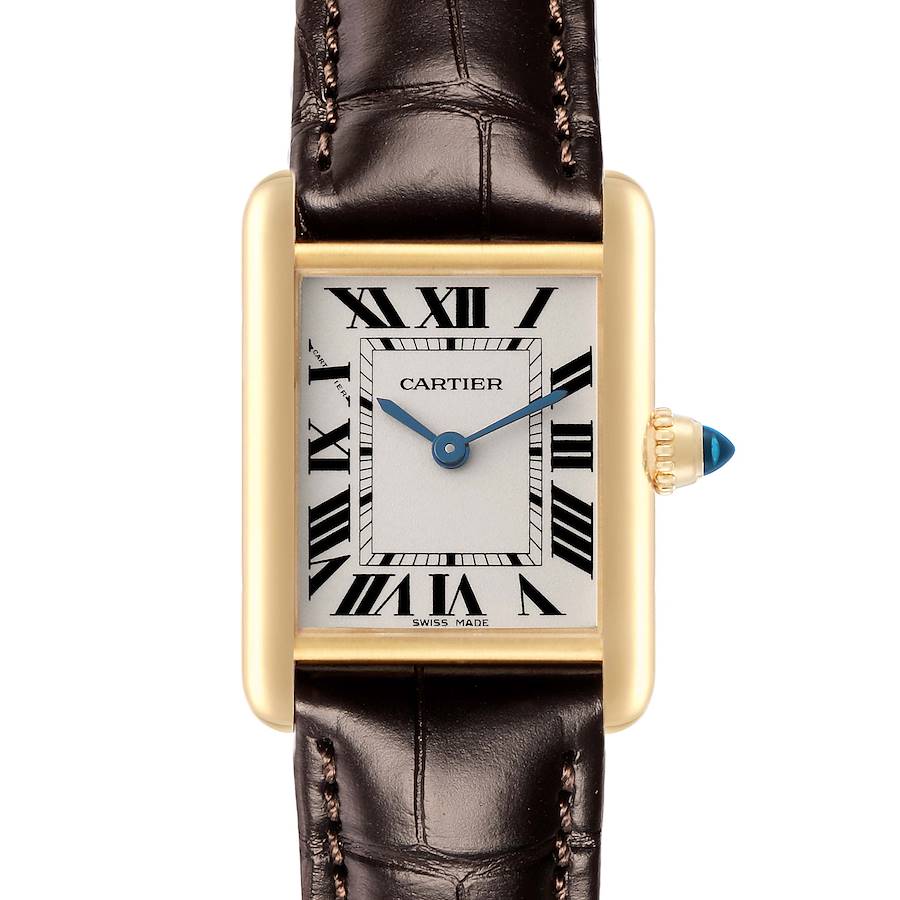 The image shows a frontal view of the Cartier Tank Louis model W1529856 men
s watch, highlighting its rectangular dial, Roman numerals, and leather strap.