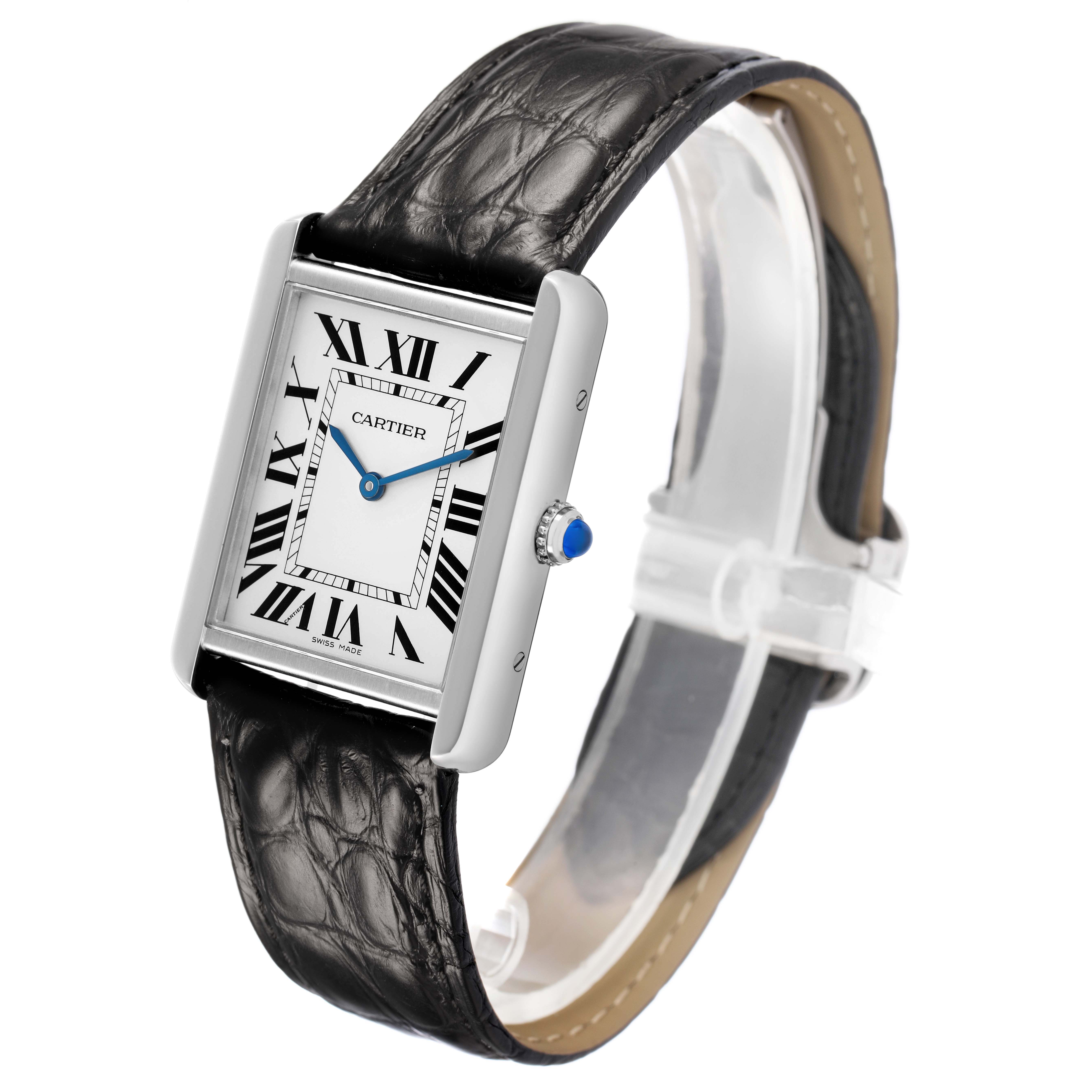 The Cartier Tank Solo W5200003 Men's Stainless Steel Silver Dial watch is shown at an angled view, highlighting the face, Roman numerals, blue hands, and leather strap.