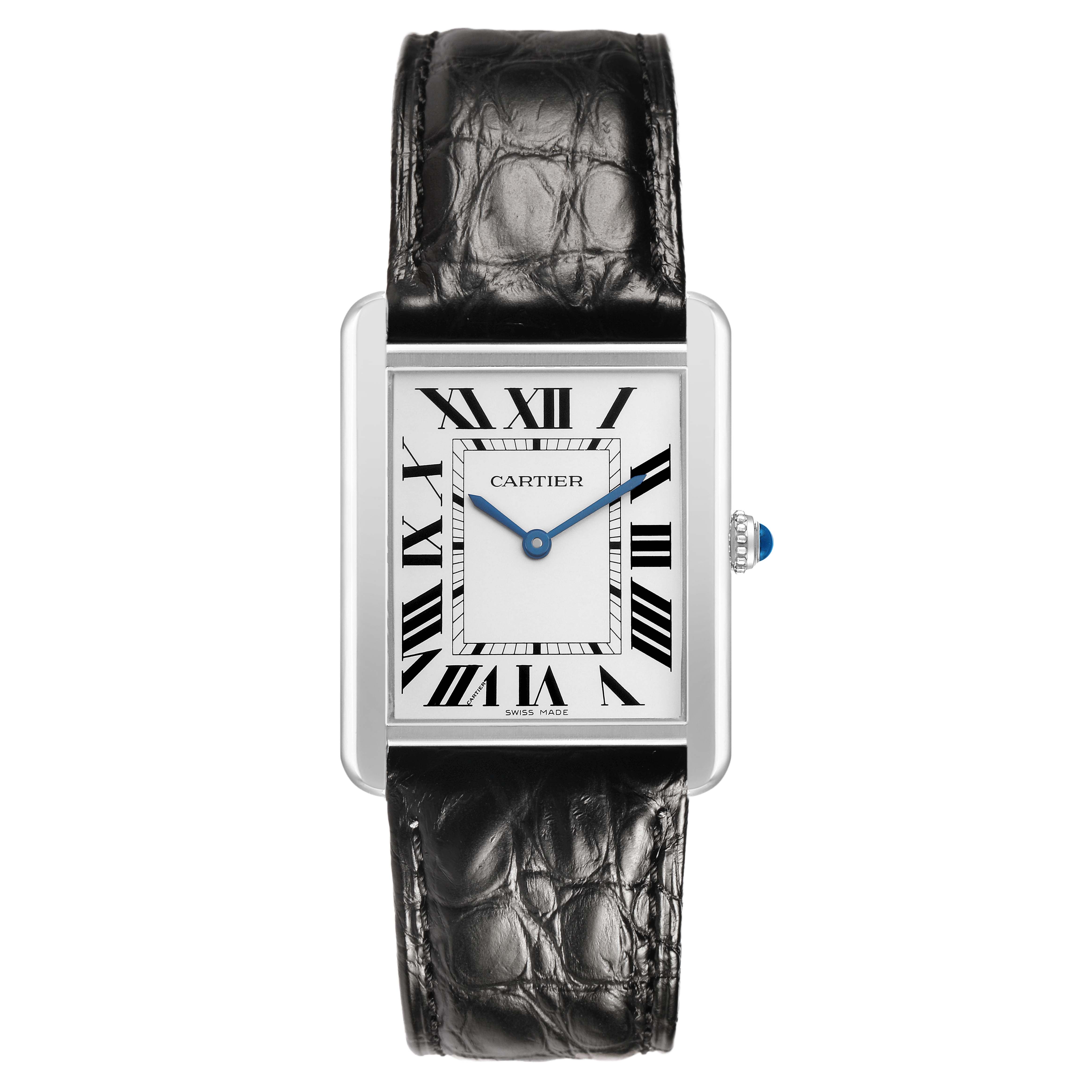 The Cartier Tank Solo W5200003 Men's Stainless Steel Silver Dial watch is shown from the front, highlighting its rectangular face, Roman numerals, and leather strap.
