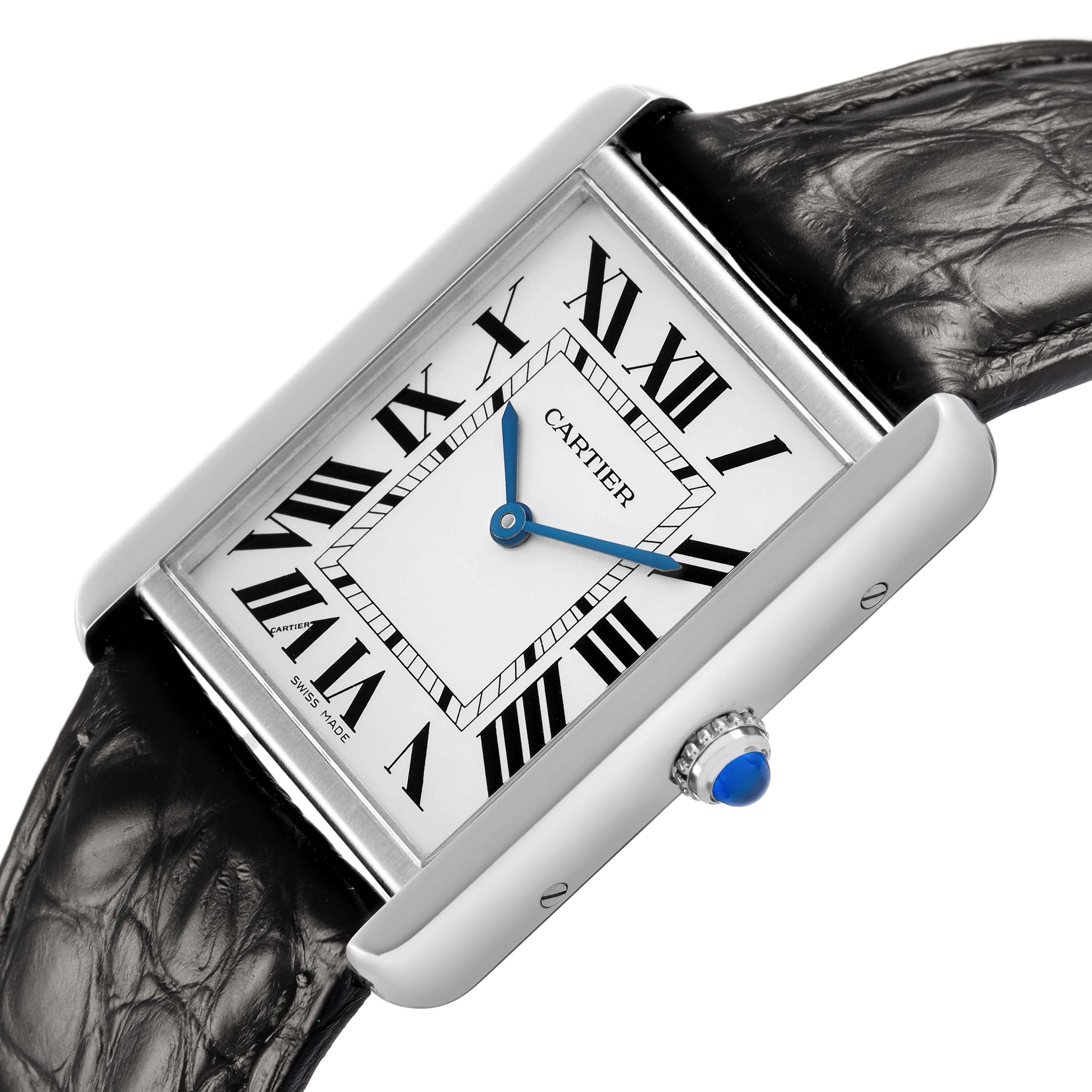 The Cartier Tank Solo W5200003 Men's Stainless Steel Silver Dial watch is shown at an angled view, highlighting the face, Roman numerals, and crown with a blue cabochon.