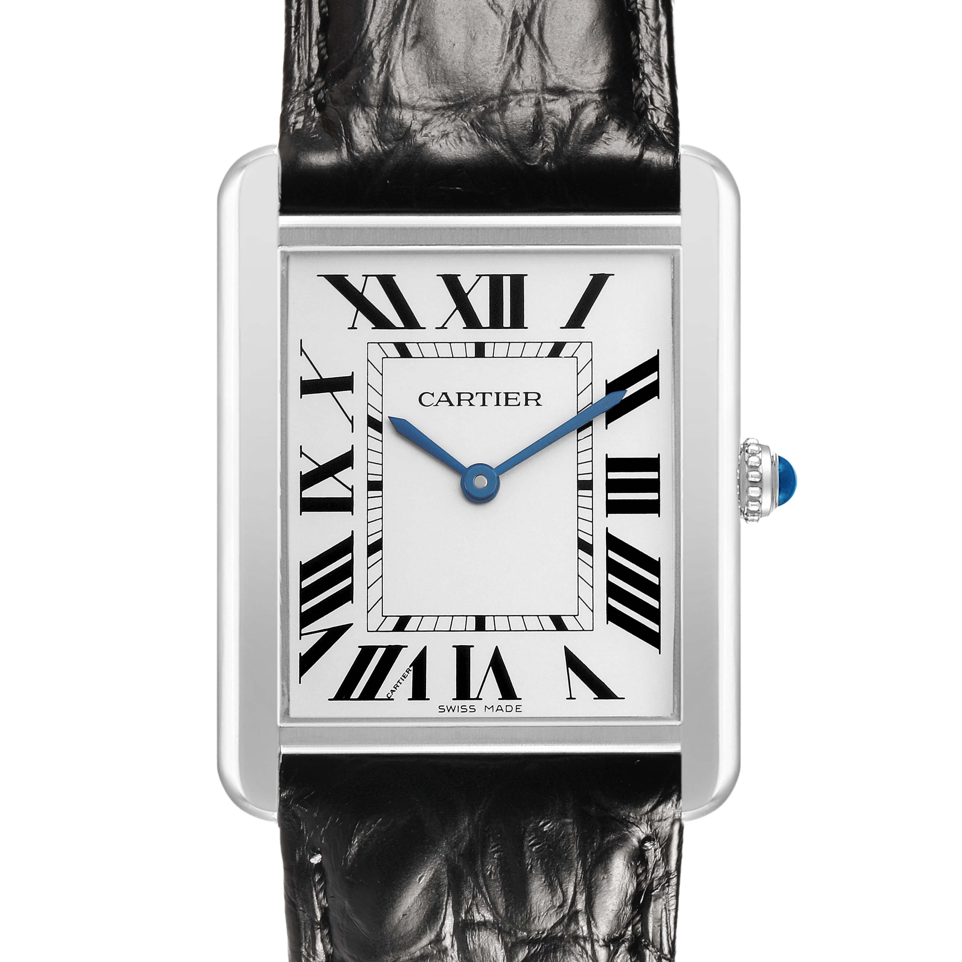 The Cartier Tank Solo W5200003 Men's Stainless Steel Silver Dial watch is shown from the front, highlighting its Roman numeral dial, blue hands, and black leather strap.