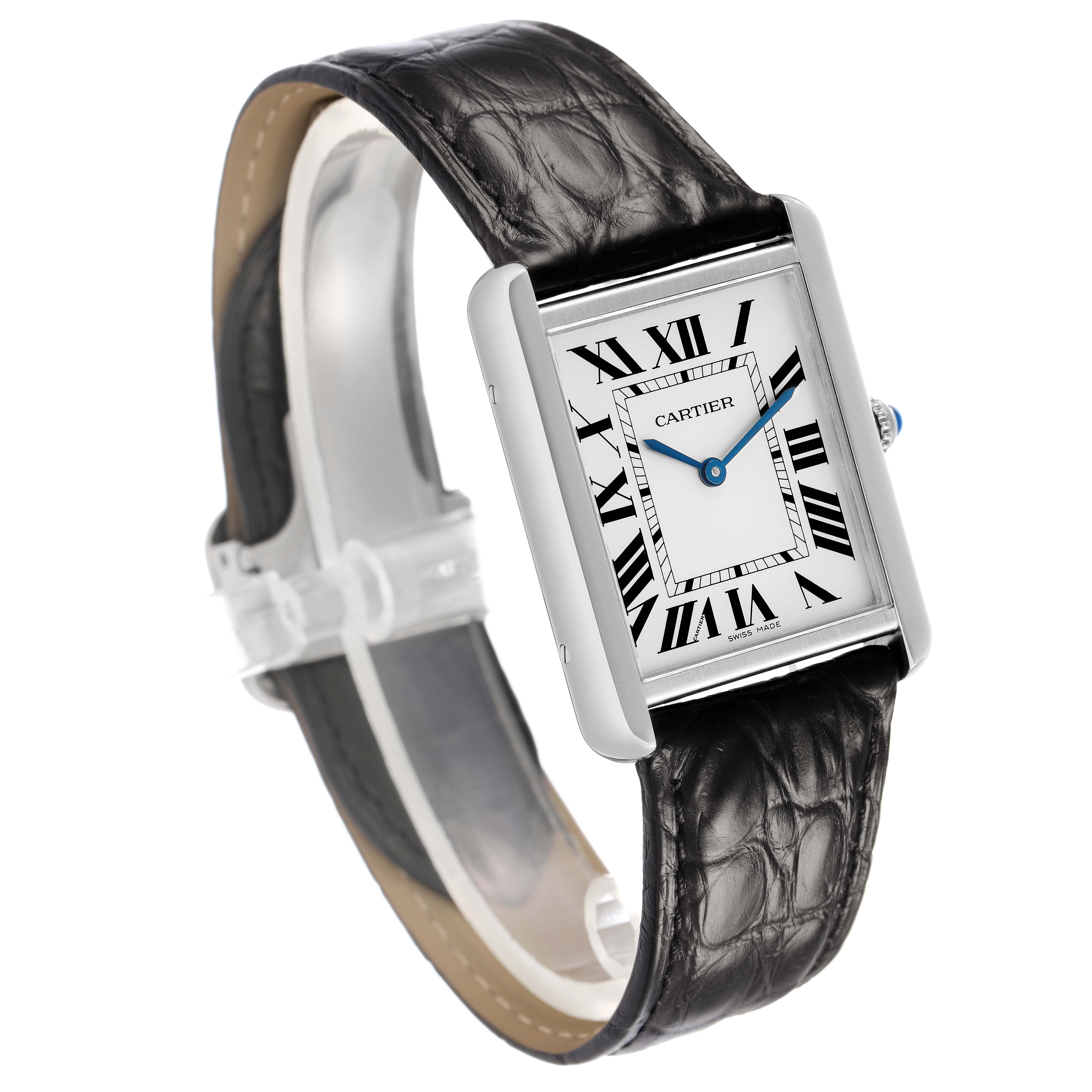 The Cartier Tank Solo W5200003 Men's Stainless Steel Silver Dial watch is shown in a three-quarter angle, highlighting the rectangular face, Roman numerals, and leather strap.