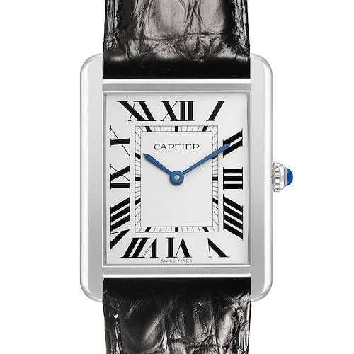 The Cartier Tank Solo W5200003 Men's Stainless Steel Silver Dial watch is shown from the front, highlighting the Roman numerals, blue hands, and rectangular case.