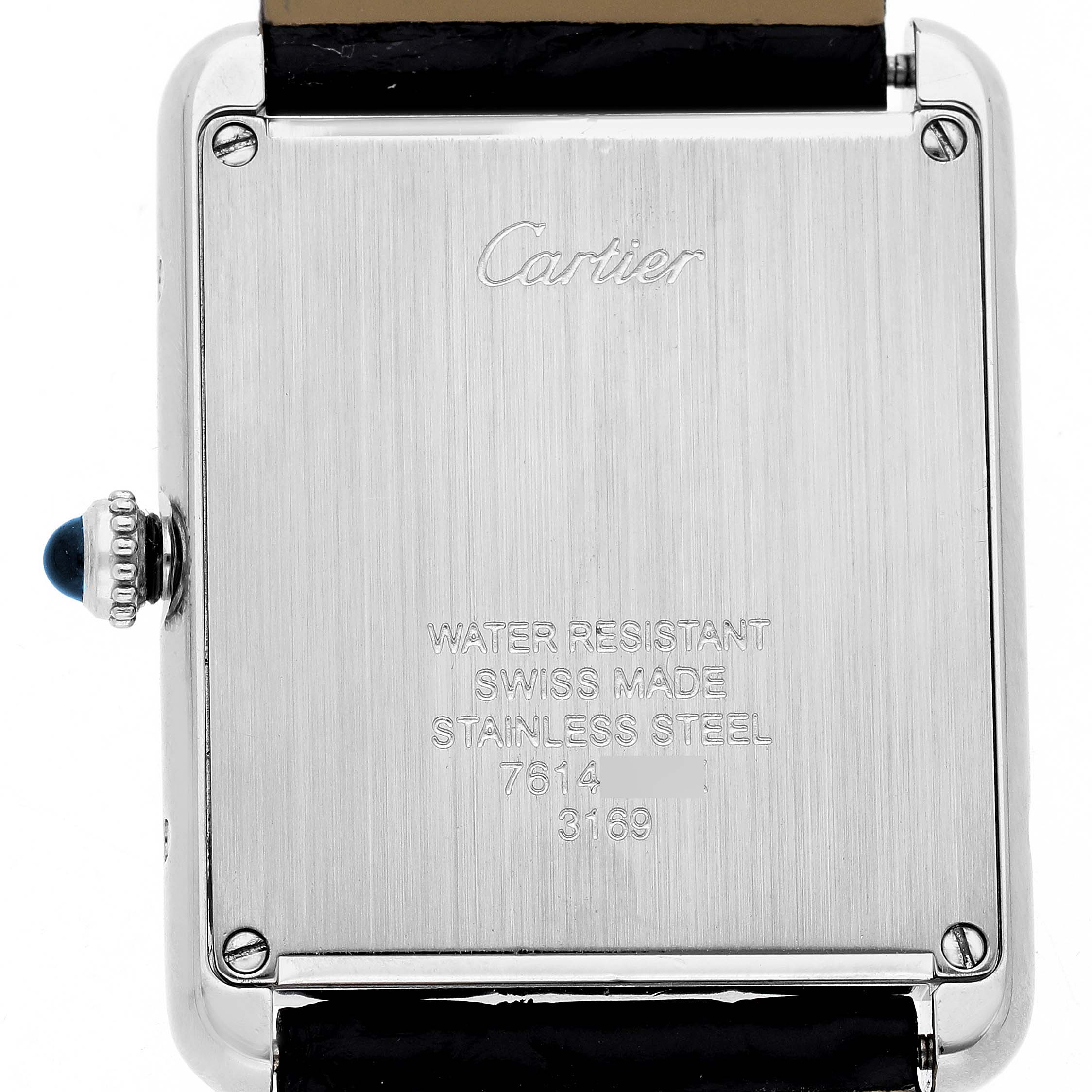 The Cartier Tank Solo W5200003 Men's Stainless Steel Silver Dial watch is shown from the back, highlighting the stainless steel case, crown, and brand engravings.