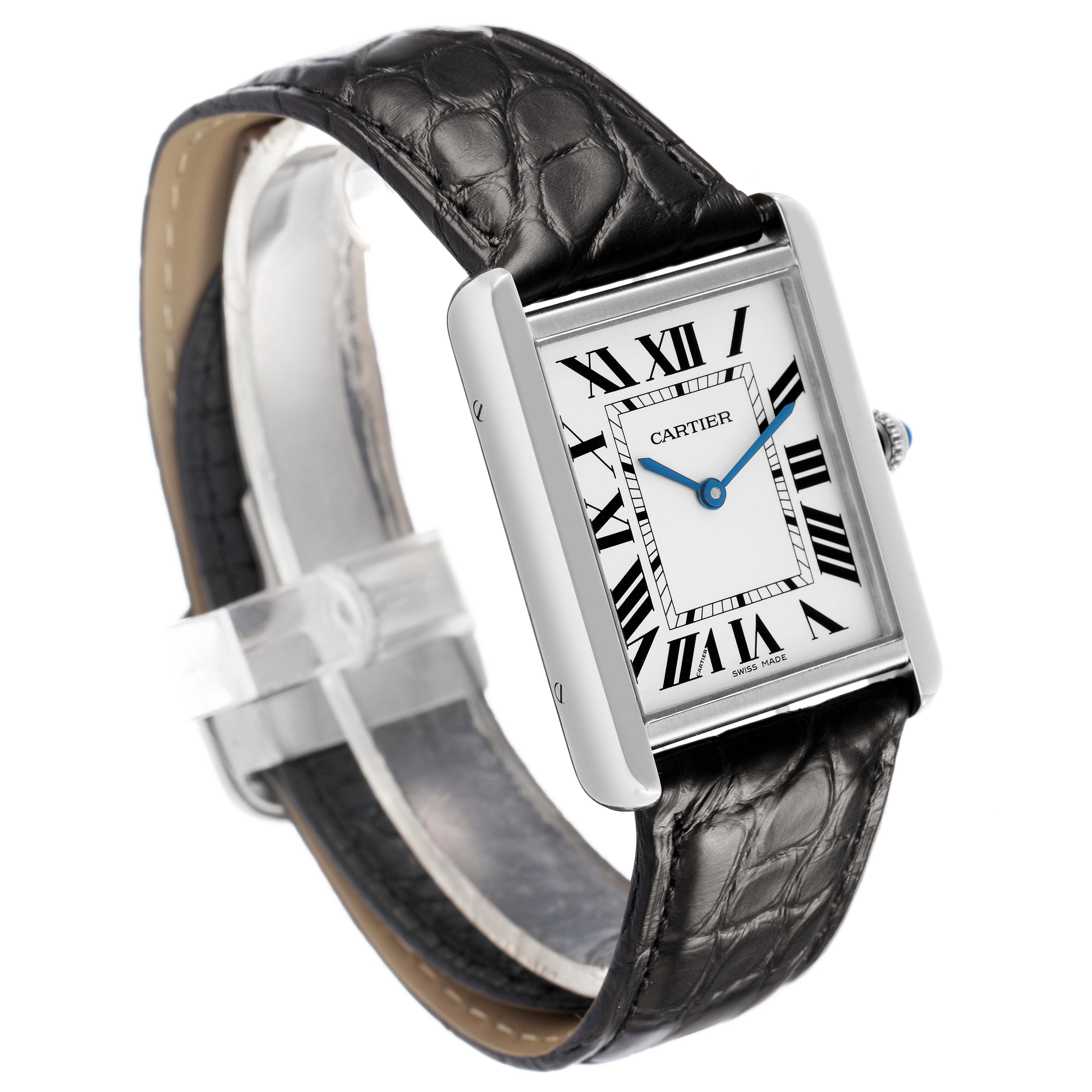 The Cartier Tank Solo W5200003 Men's Stainless Steel Silver Dial watch is shown at a slight angled view, highlighting the face, strap, and crown.