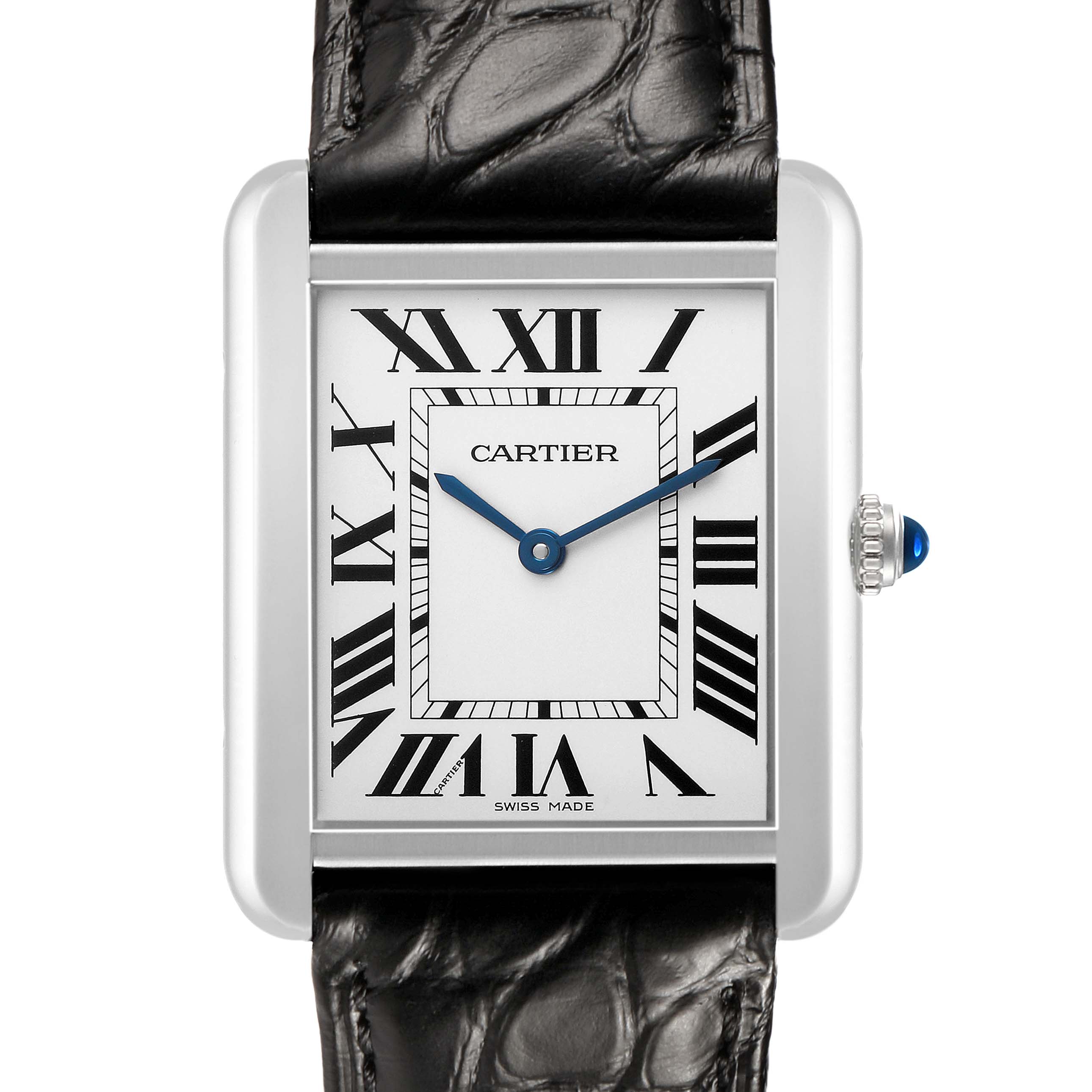 The Cartier Tank Solo W5200003 Men's Stainless Steel Silver Dial watch is shown from the front, highlighting the face, Roman numerals, and leather strap.