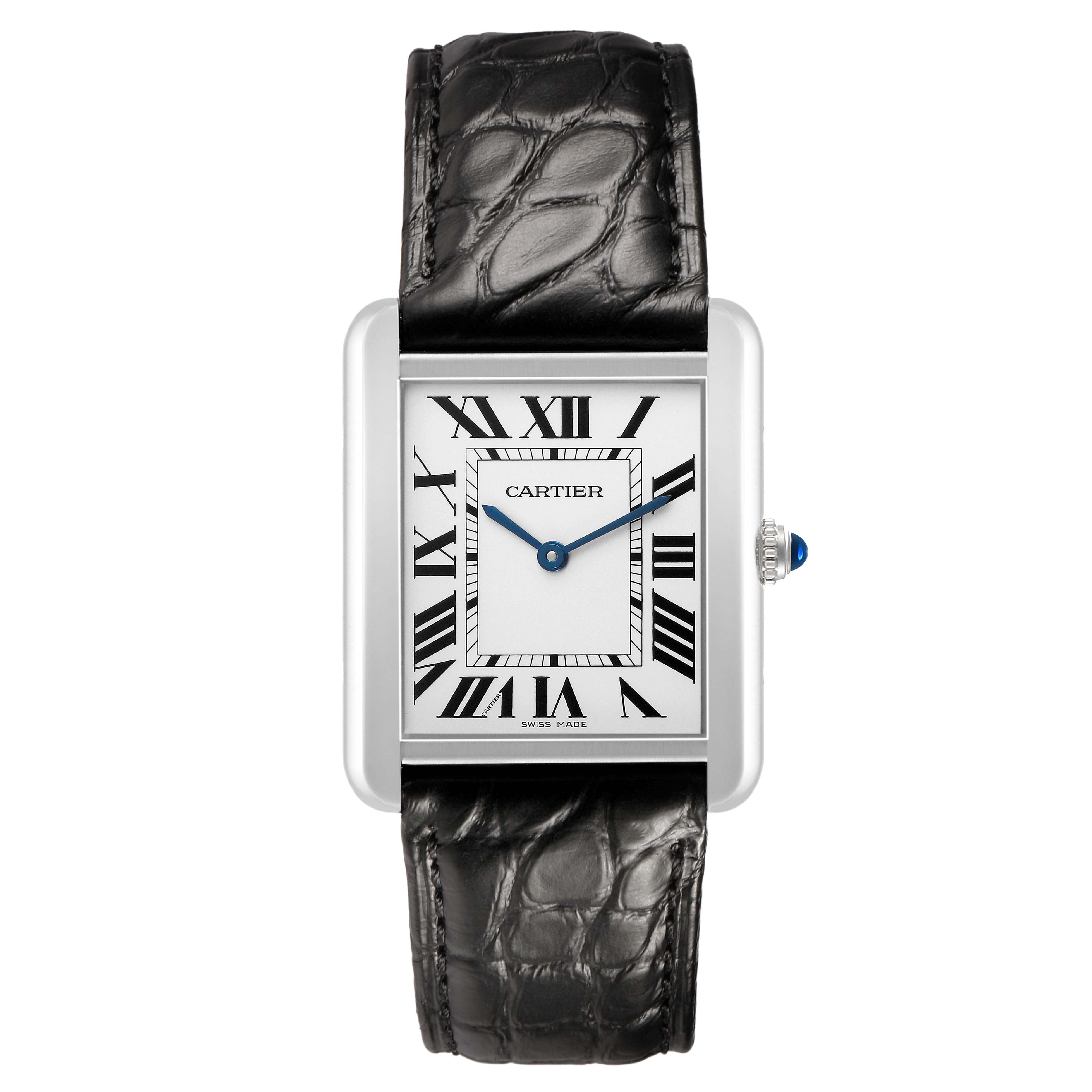 The Cartier Tank Solo W5200003 Men's Stainless Steel Silver Dial watch is shown from a top-down angle, displaying the leather strap, rectangular dial, and Roman numerals.