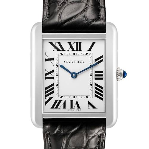 The Cartier Tank Solo W5200003 Men's Stainless Steel Silver Dial watch is shown front-on, displaying its rectangular face, Roman numerals, and leather strap.
