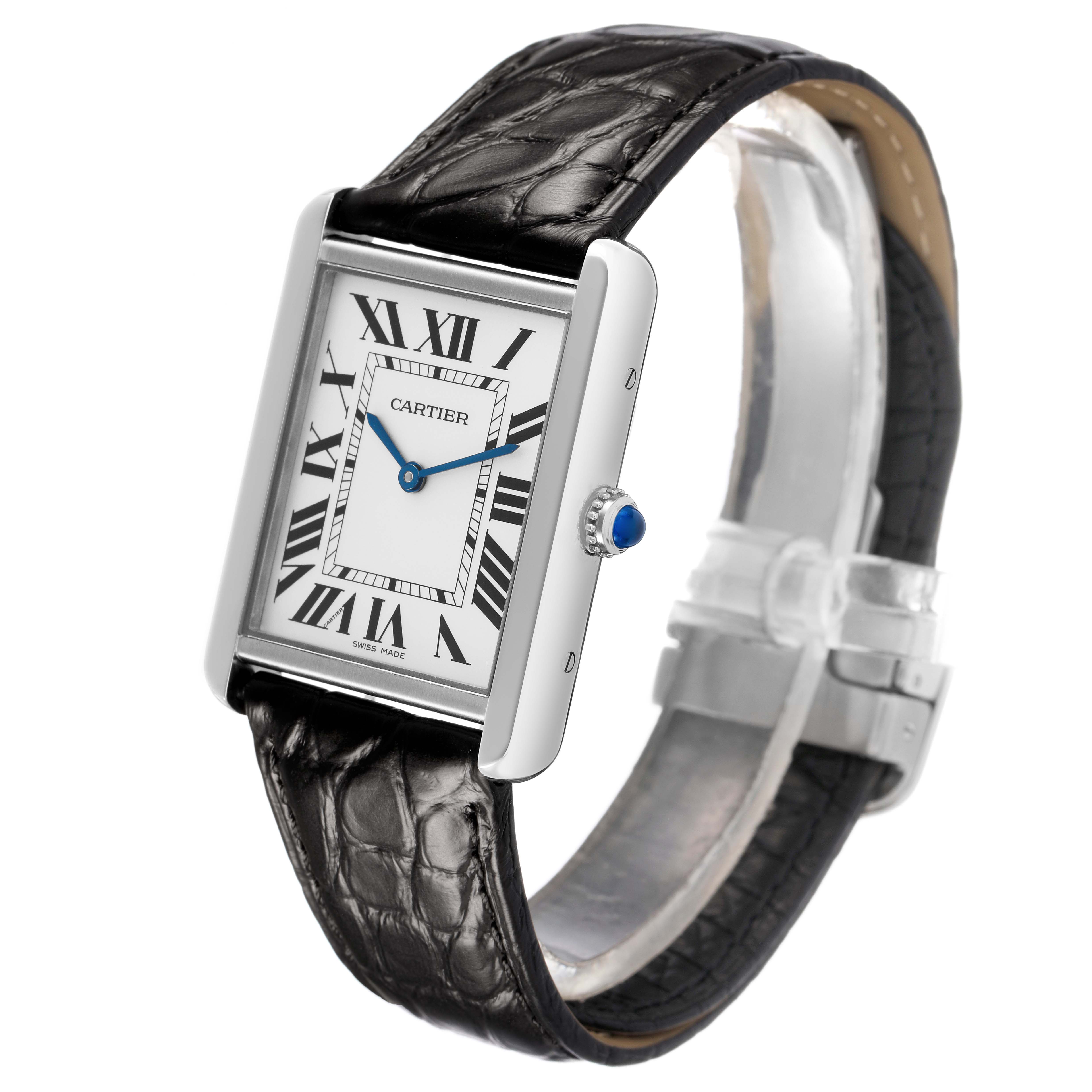 The Cartier Tank Solo W5200003 Men's Stainless Steel Silver Dial watch is shown at an angled view, highlighting the dial, case, crown, and leather strap.