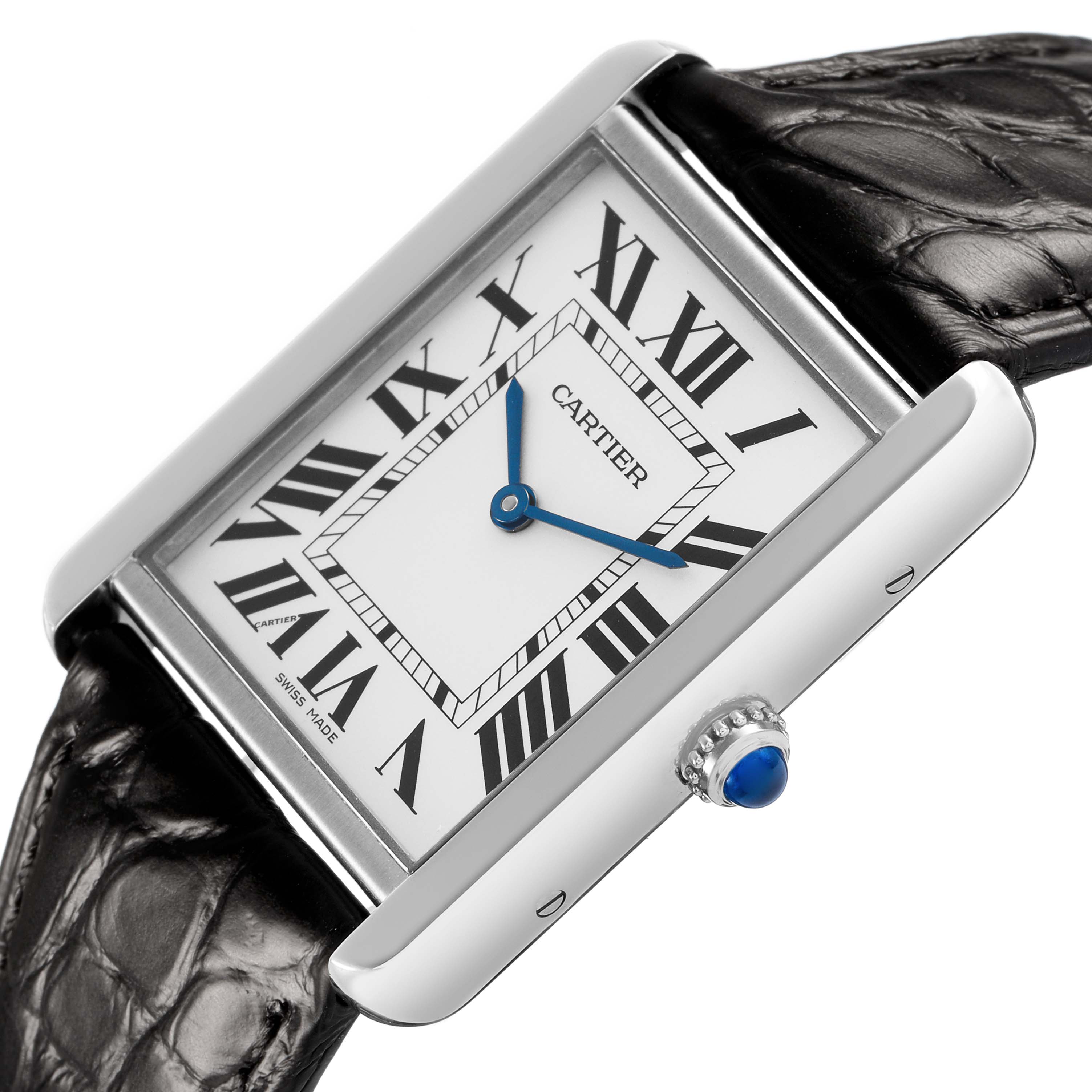 The Cartier Tank Solo W5200003 Men's Stainless Steel Silver Dial watch is shown at a tilted angle, displaying its face, roman numerals, blue hands, crown, and leather strap.