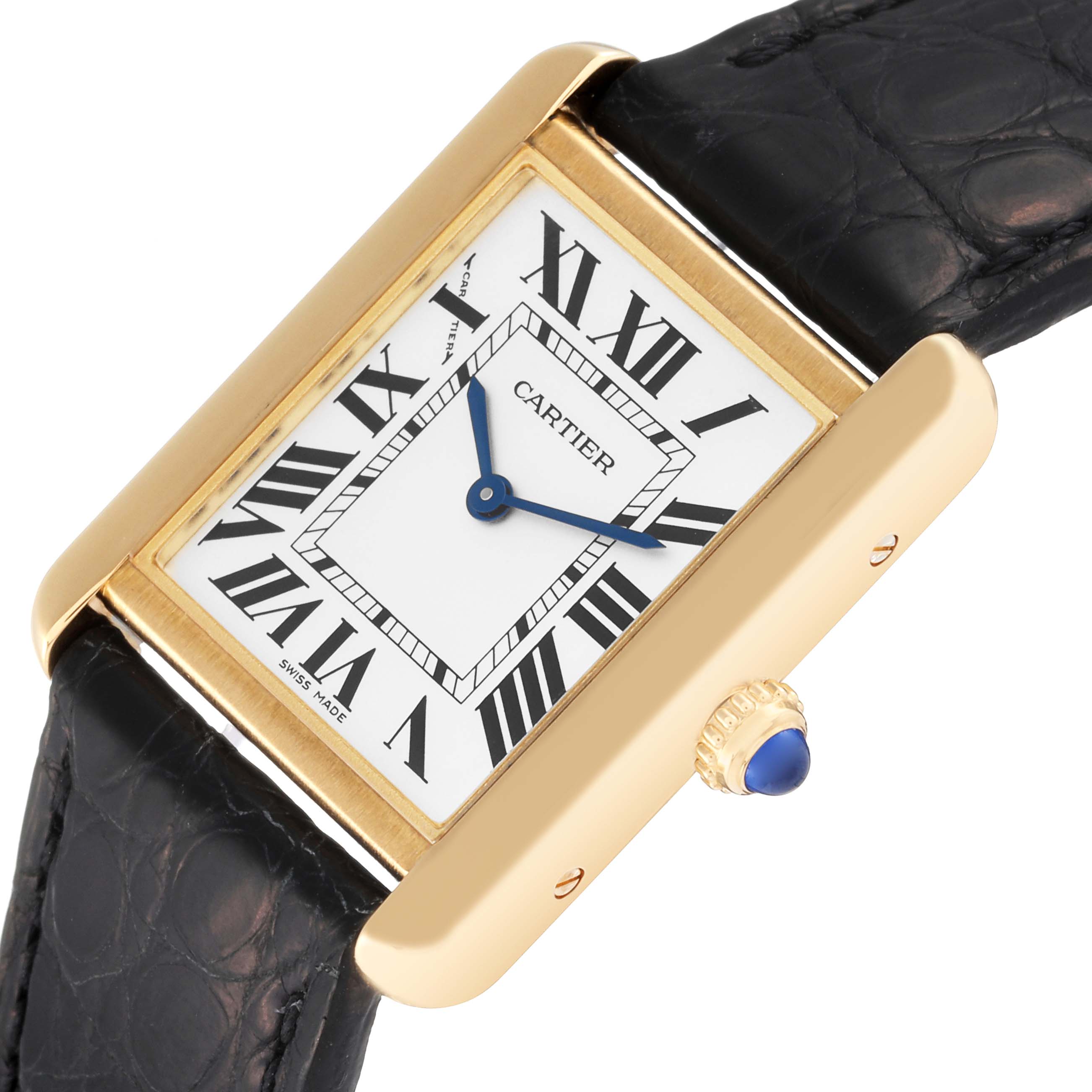 The Cartier Tank Solo W5200002 Women
s Steel and Gold (two tone) Silver Dial watch is shown from a tilted angle, highlighting its face, casing, and black leather strap.