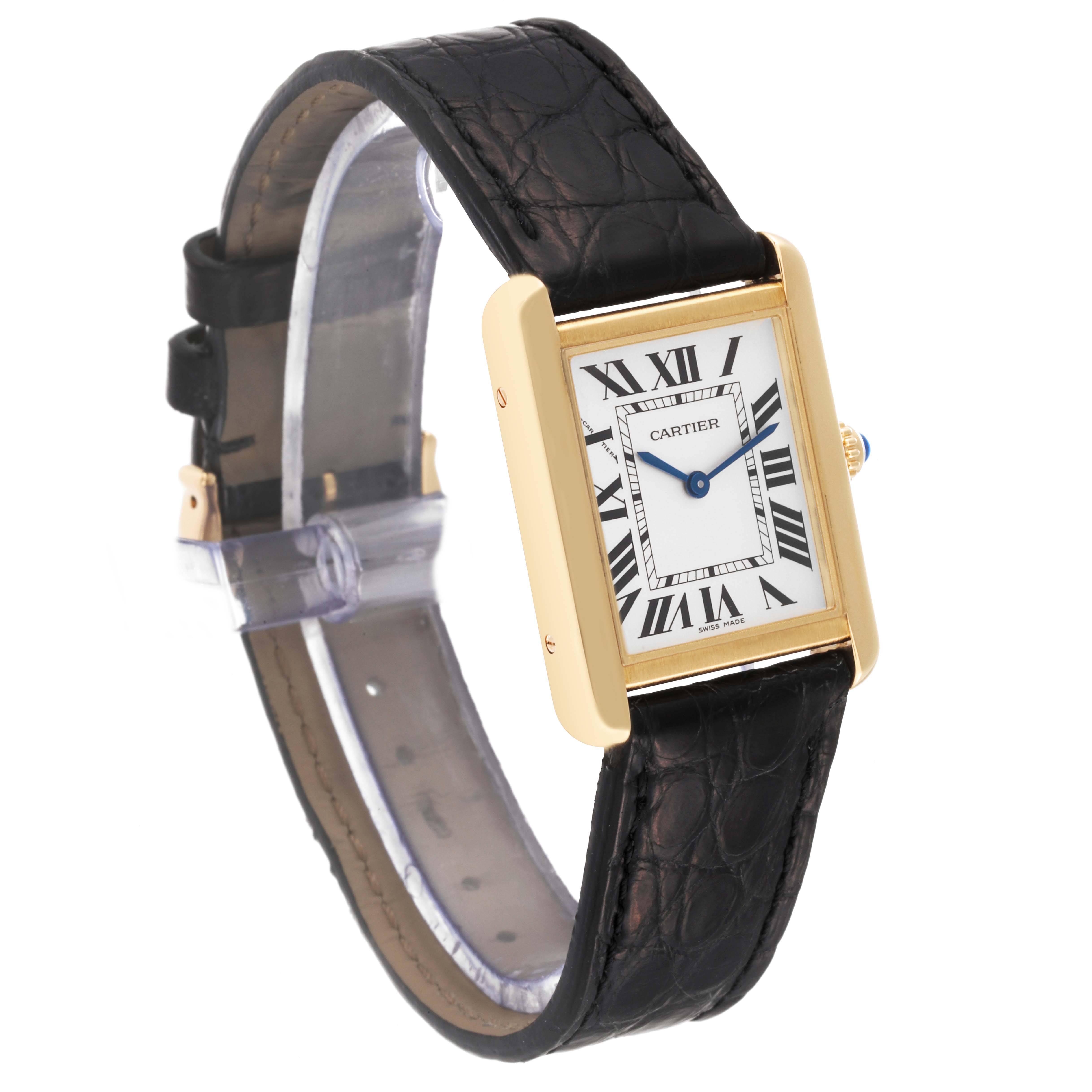 The image shows a Cartier Tank Solo W5200002 Women
s Steel and Gold (two tone) Silver Dial watch at a slight angle, highlighting its rectangular face, Roman numerals, and leather strap.