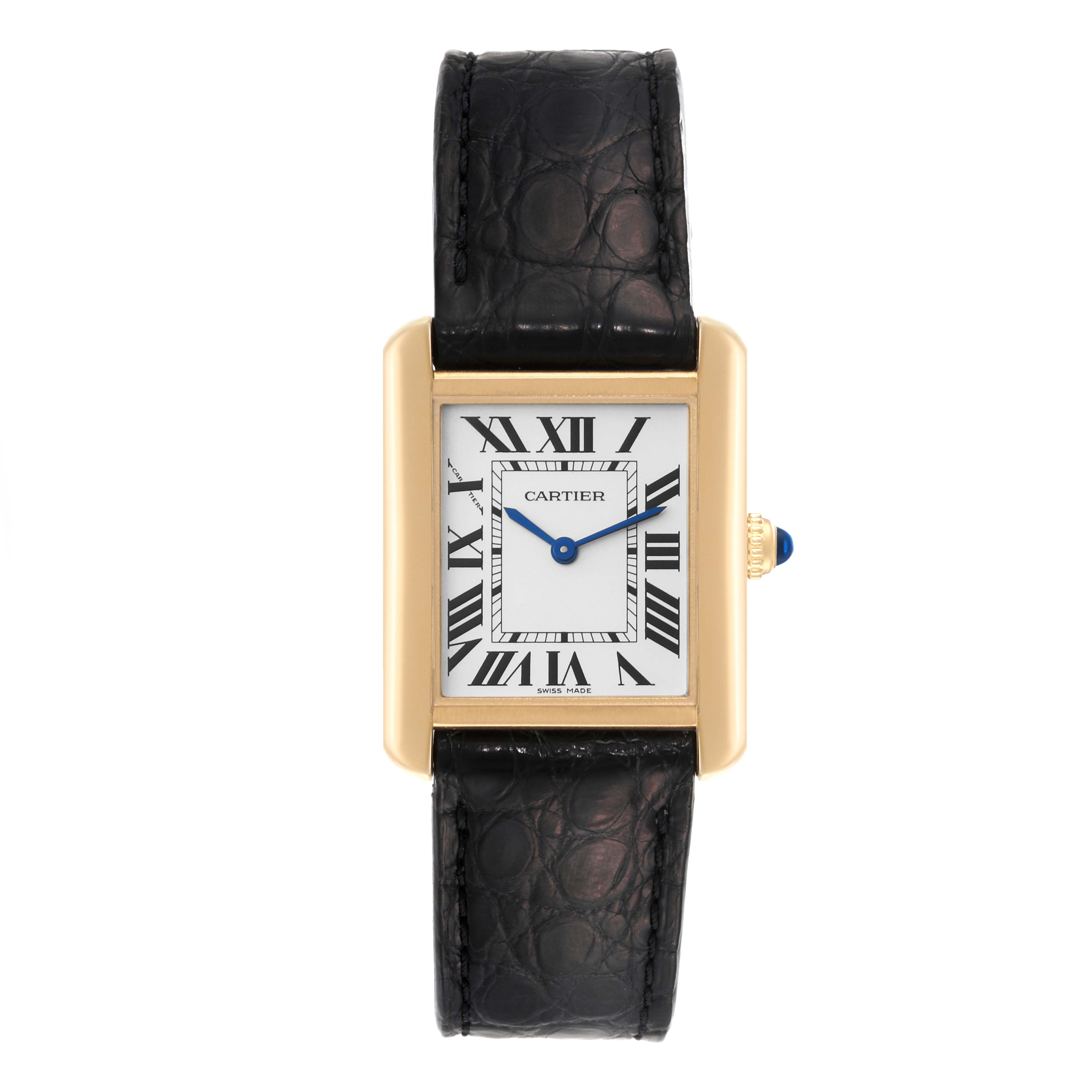 The Cartier Tank Solo W5200002 Women
s Steel and Gold (two tone) Silver Dial watch is shown from a front angle, displaying its rectangular face, Roman numerals, and leather strap.