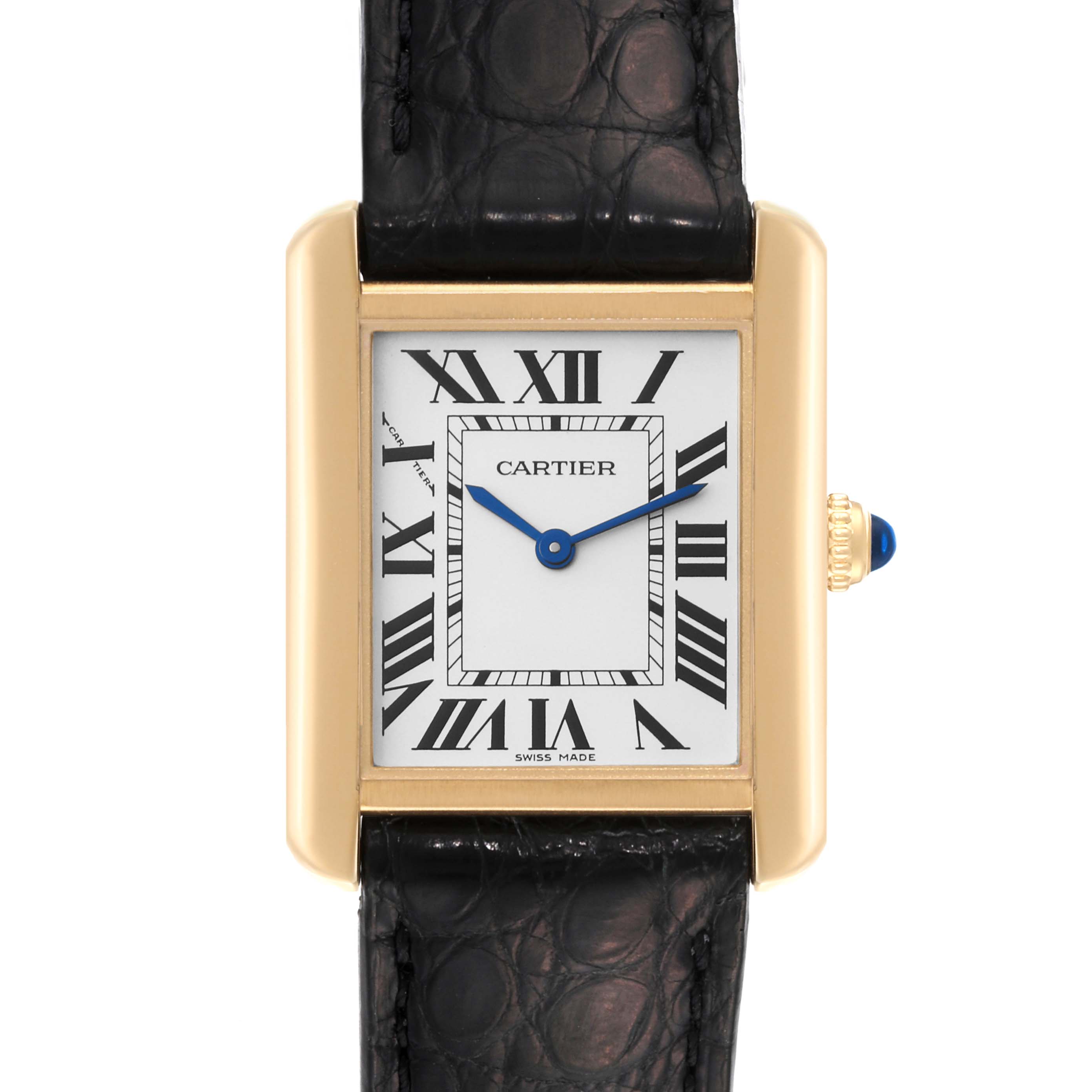 The Cartier Tank Solo W5200002 Women
s Steel and Gold (two tone) Silver Dial watch is shown from the front, highlighting its rectangular face, Roman numerals, and black leather strap.