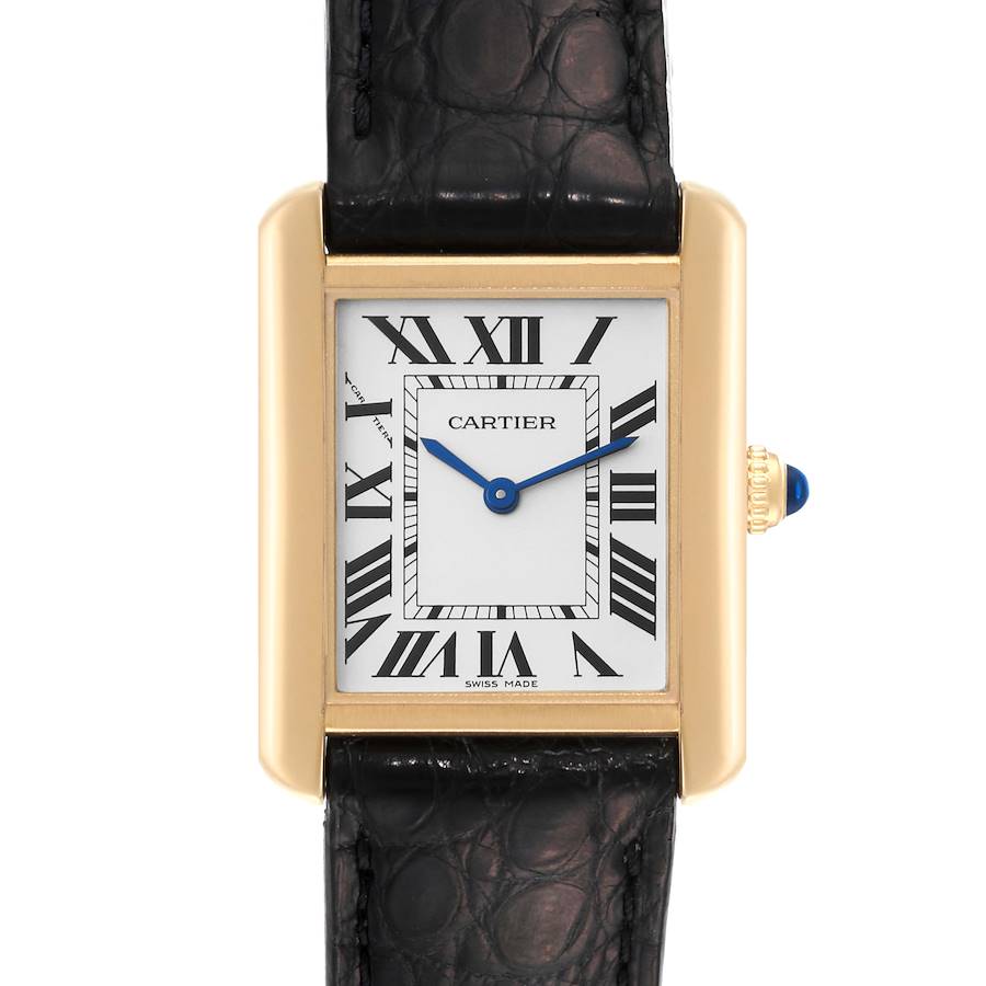 The Cartier Tank Solo W5200002 men
s watch is shown from a front angle, highlighting its rectangular face, Roman numerals, blue hands, and black strap.