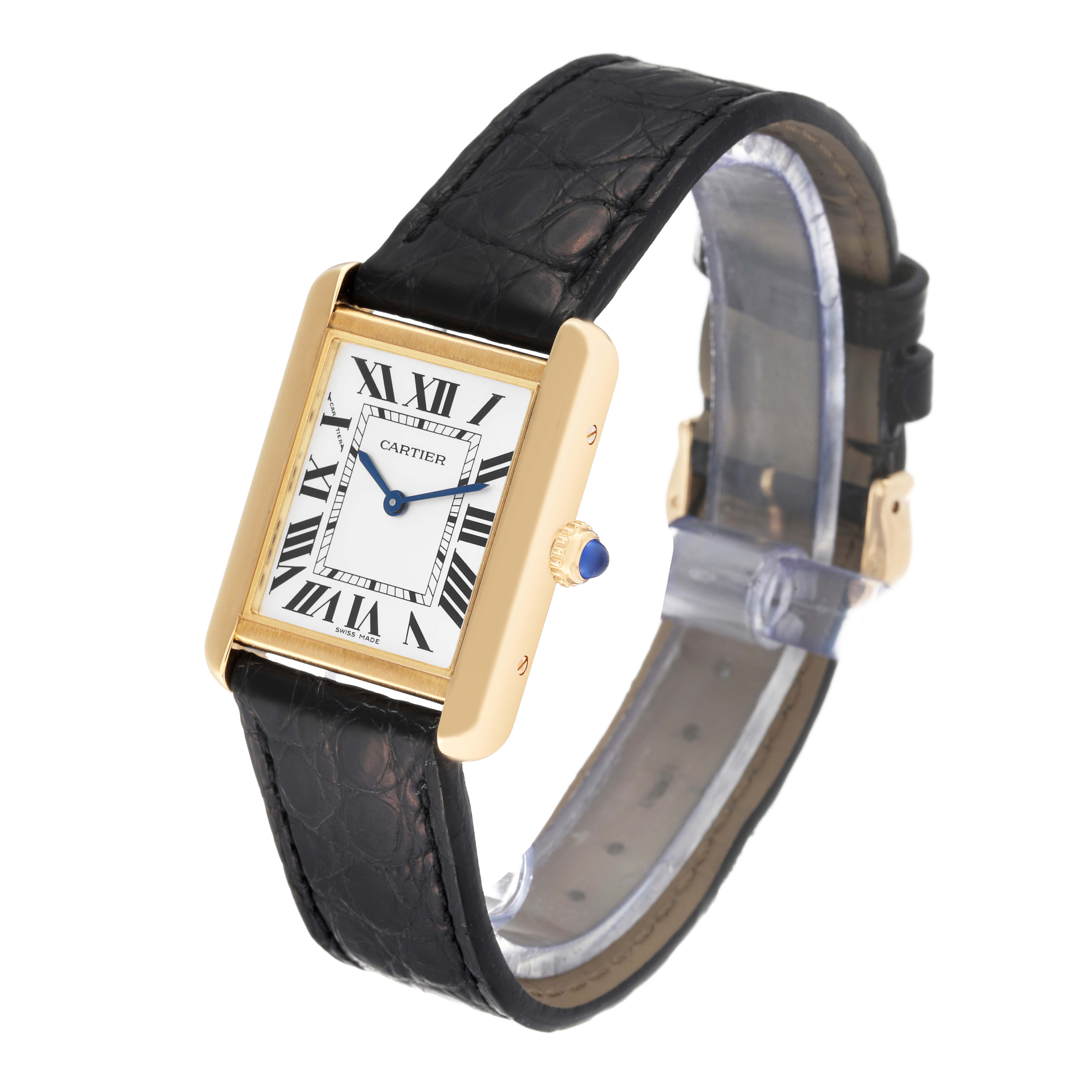 The Cartier Tank Solo W5200002 Women
s Steel and Gold (two tone) Silver Dial watch is shown at a slight angle, revealing the face, crown, and part of the black leather strap.