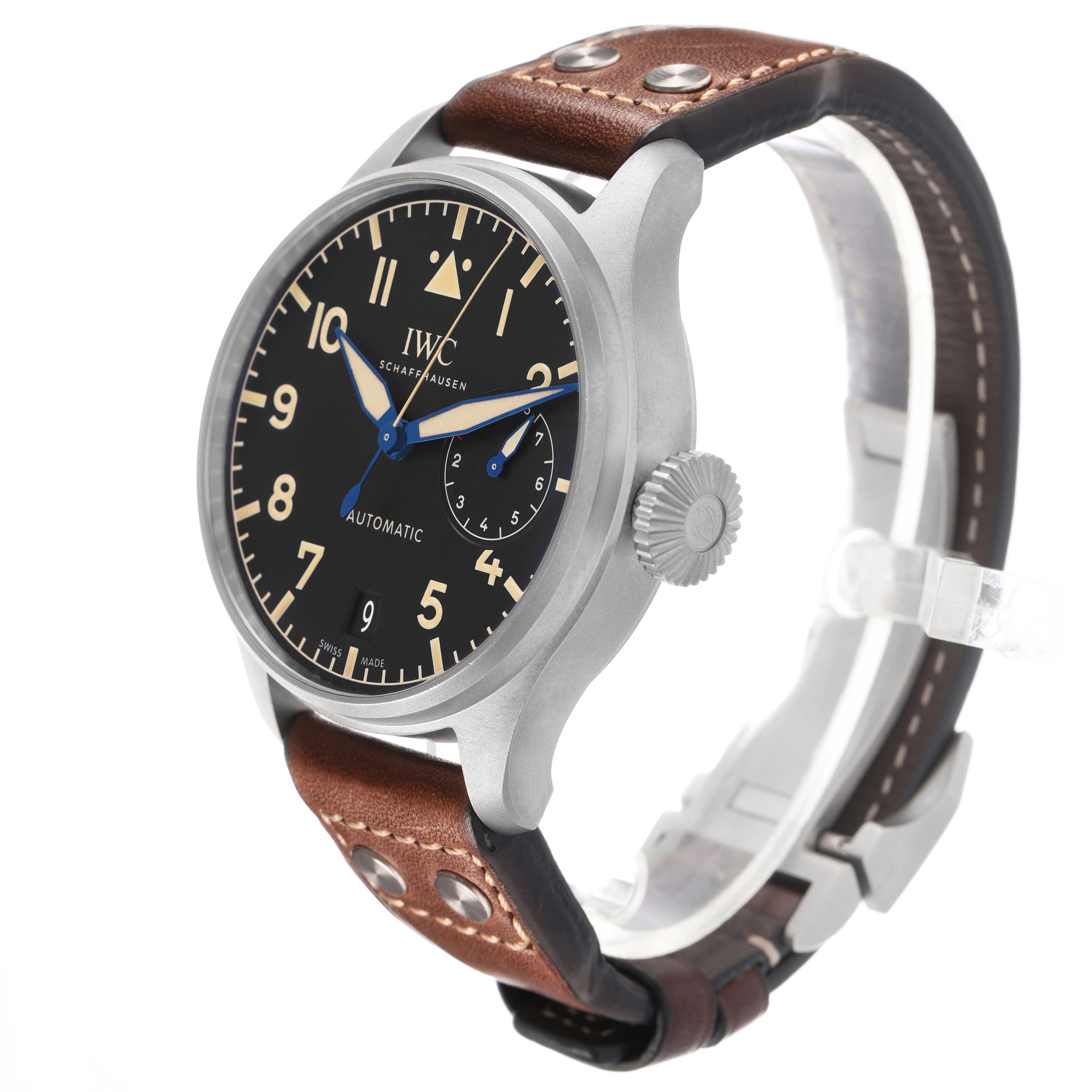 The IWC Pilot IW510301 Men's Titanium Black Dial watch is shown at a three-quarter angle, highlighting the dial, crown, and brown leather strap.