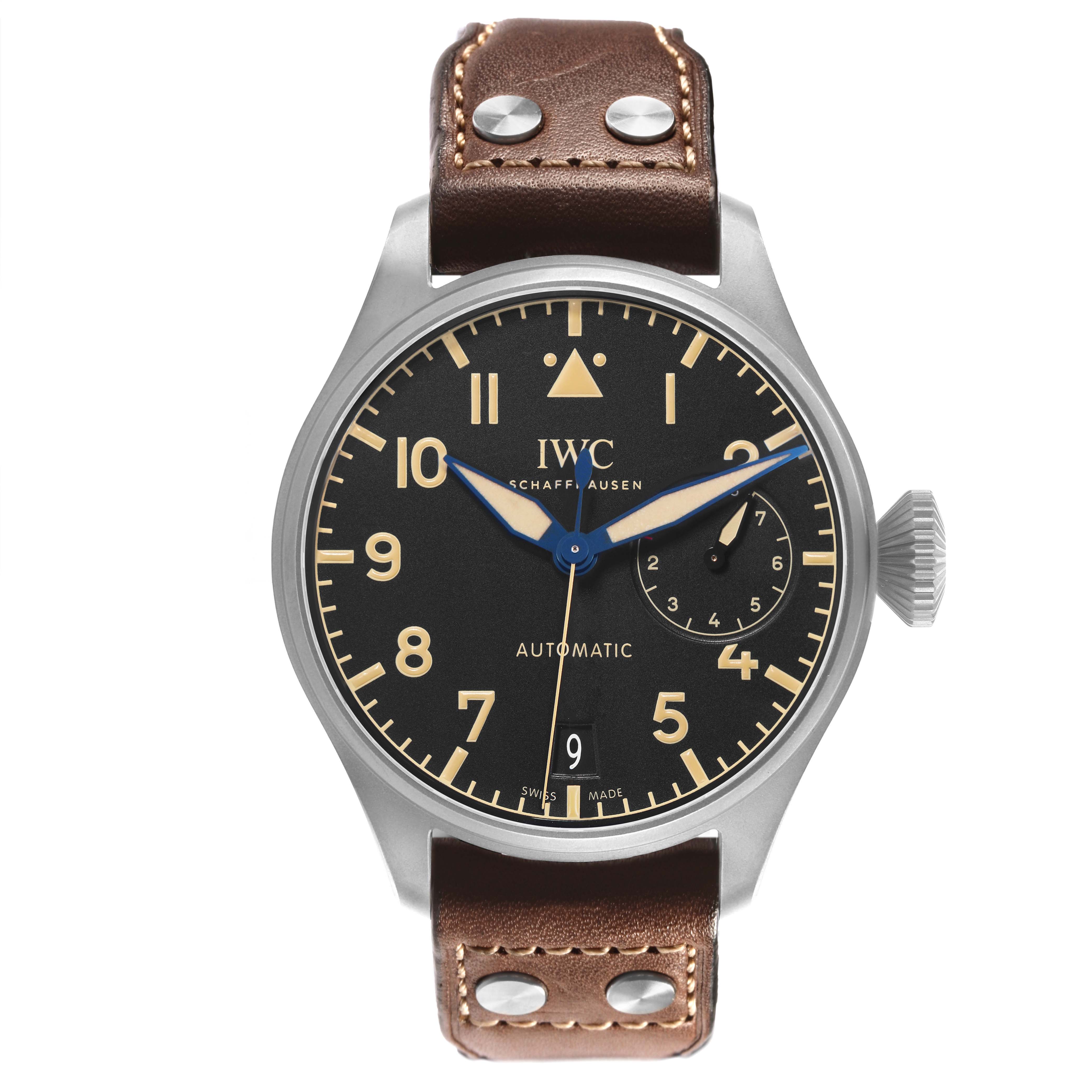 The IWC Pilot IW510301 Men's Titanium Black Dial watch is shown from the front, featuring its face, numerals, hands, crown, and brown leather strap with rivets.