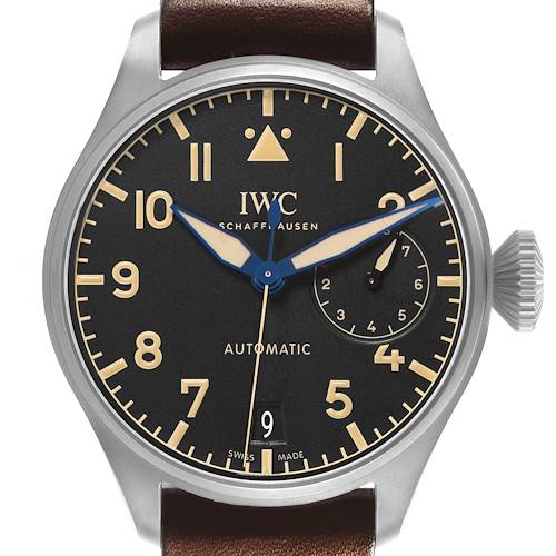 The IWC Pilot IW510301 Men's Titanium Black Dial watch is shown in a front view, highlighting the dial, crown, and part of the leather strap.