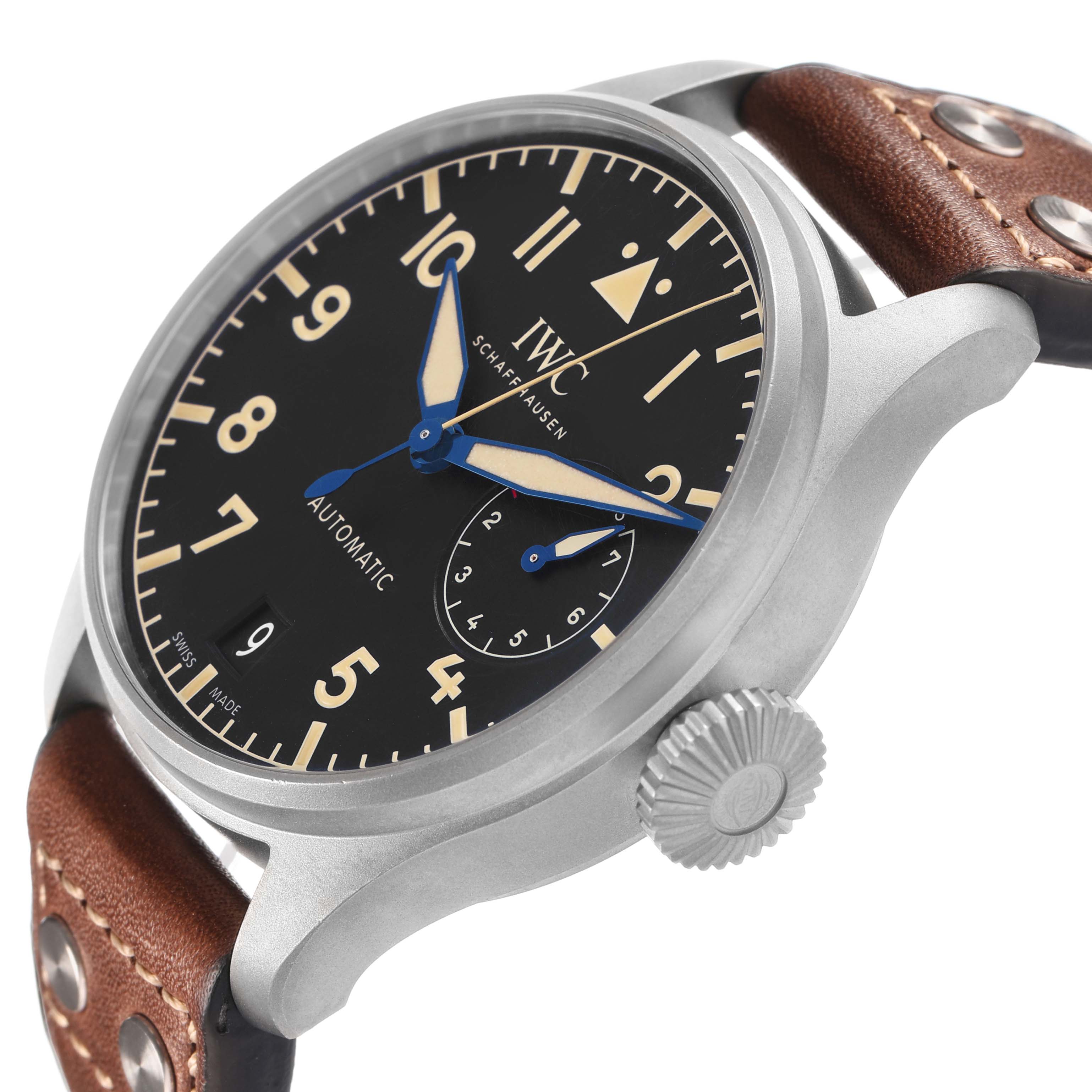 The IWC Pilot IW510301 Men's Titanium Black Dial watch is shown at a side angle, displaying the dial, case, crown, and leather strap.