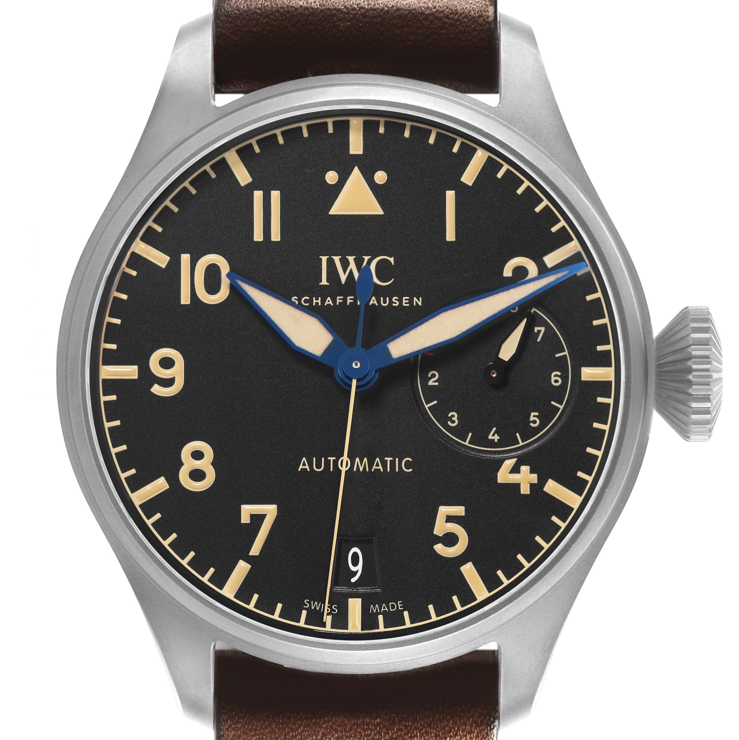 The IWC Pilot IW510301 Men's Titanium Black Dial watch is shown from the front, displaying its face, hands, crown, and part of the leather strap.