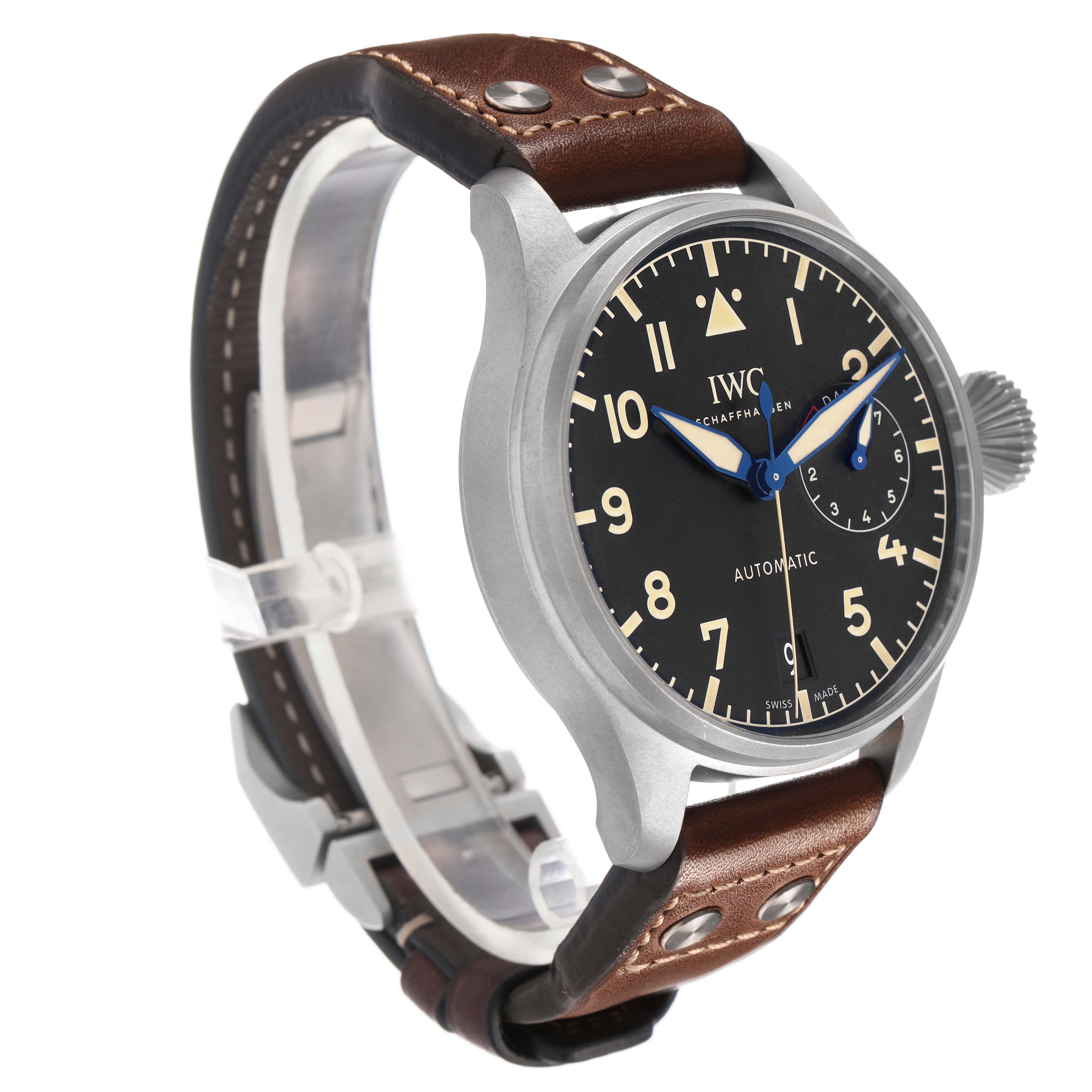 The IWC Pilot IW510301 Men's Titanium Black Dial model watch is shown at a three-quarter angle, highlighting the dial, case, and brown leather strap with rivets.