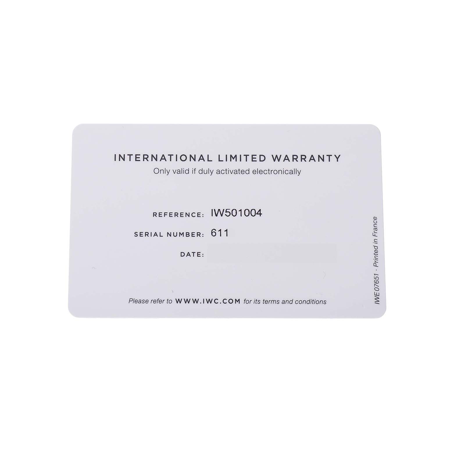 The image shows an IWC Pilot IW510301 Men's Titanium Black Dial watch's International Limited Warranty card with reference and serial number details.