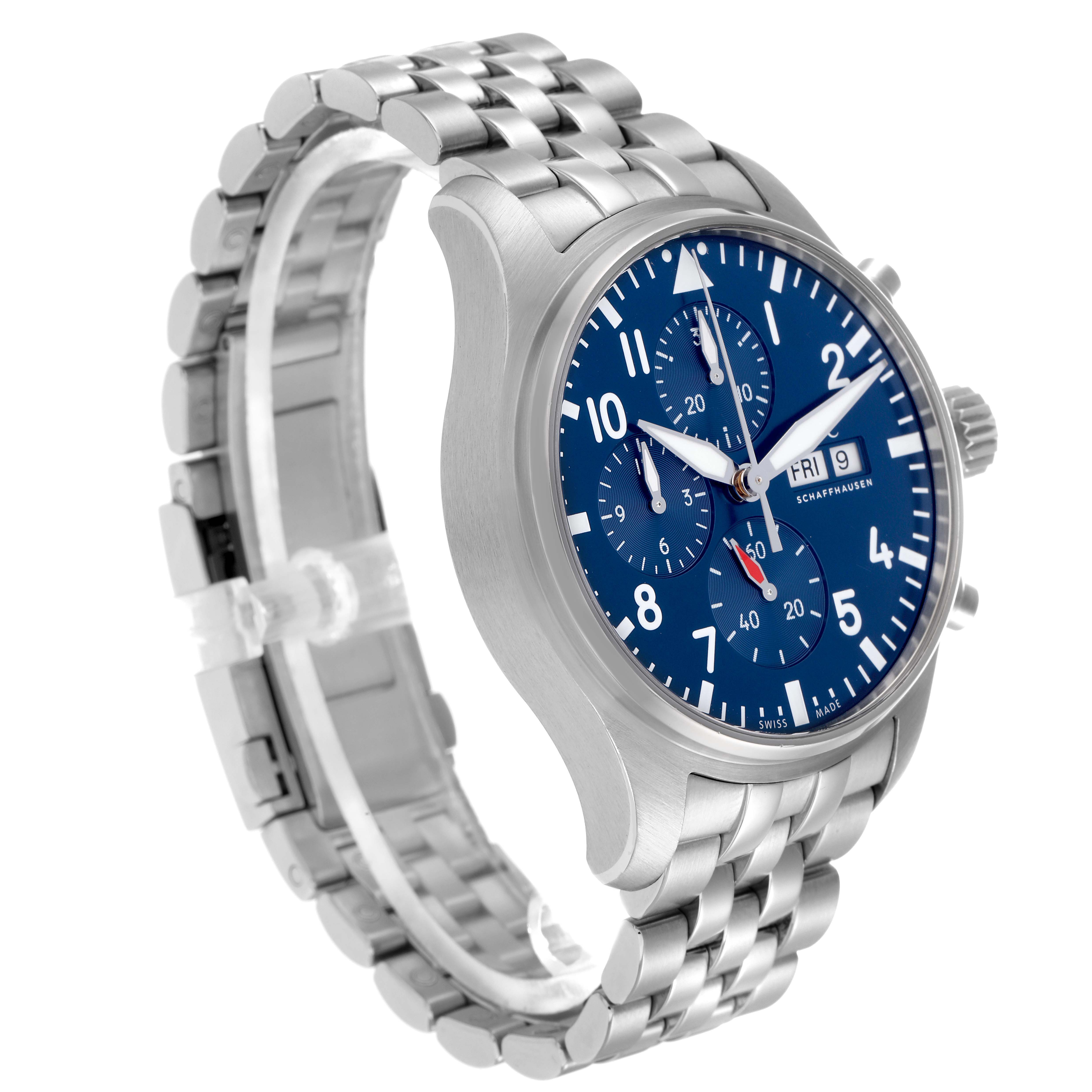 The IWC Pilot IW378004 Men
s Stainless Steel Blue Dial watch is shown at a three-quarter angle, displaying the face, crown, pushers, and metal bracelet.
