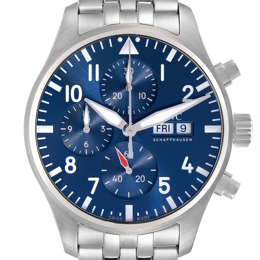 The IWC Pilot model IW378004 men's watch is shown from the front, highlighting its blue dial, chronograph subdials, and stainless steel bracelet.