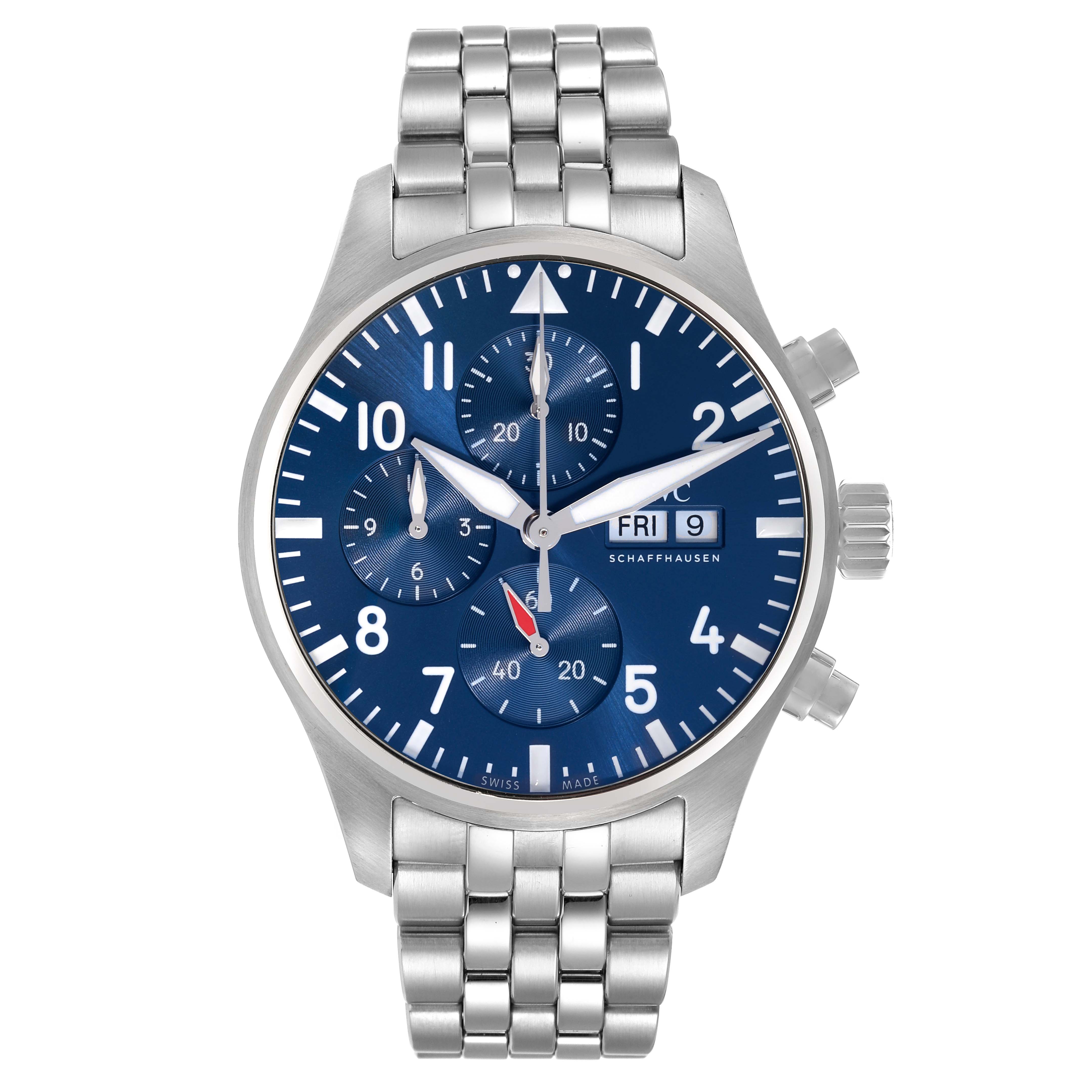 The IWC Pilot IW378004 Men
s Stainless Steel Blue Dial watch is shown from the front, displaying its blue dial, chronograph subdials, date function, and metal bracelet.