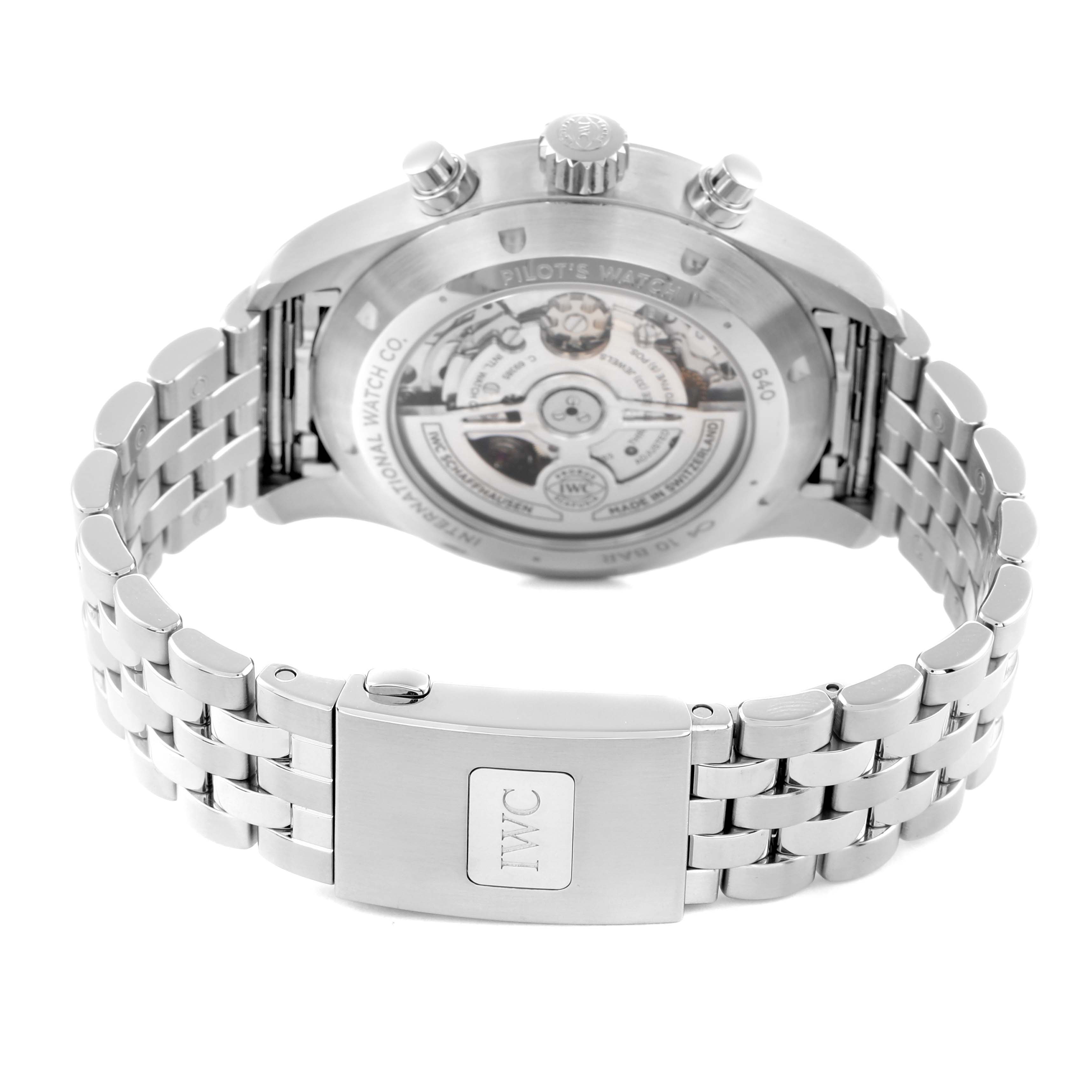 The IWC Pilot IW378004 Men
s Stainless Steel Blue Dial watch is shown from the back, highlighting the exhibition case back, bracelet, and clasp.