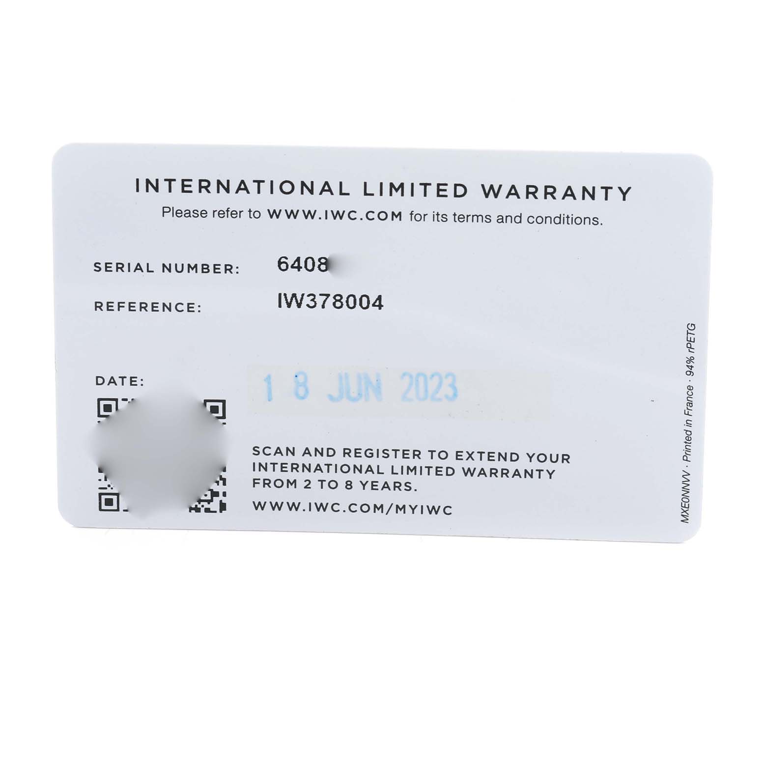 The image shows the international limited warranty card for an IWC Pilot IW378004 Men
s Stainless Steel Blue Dial model watch.