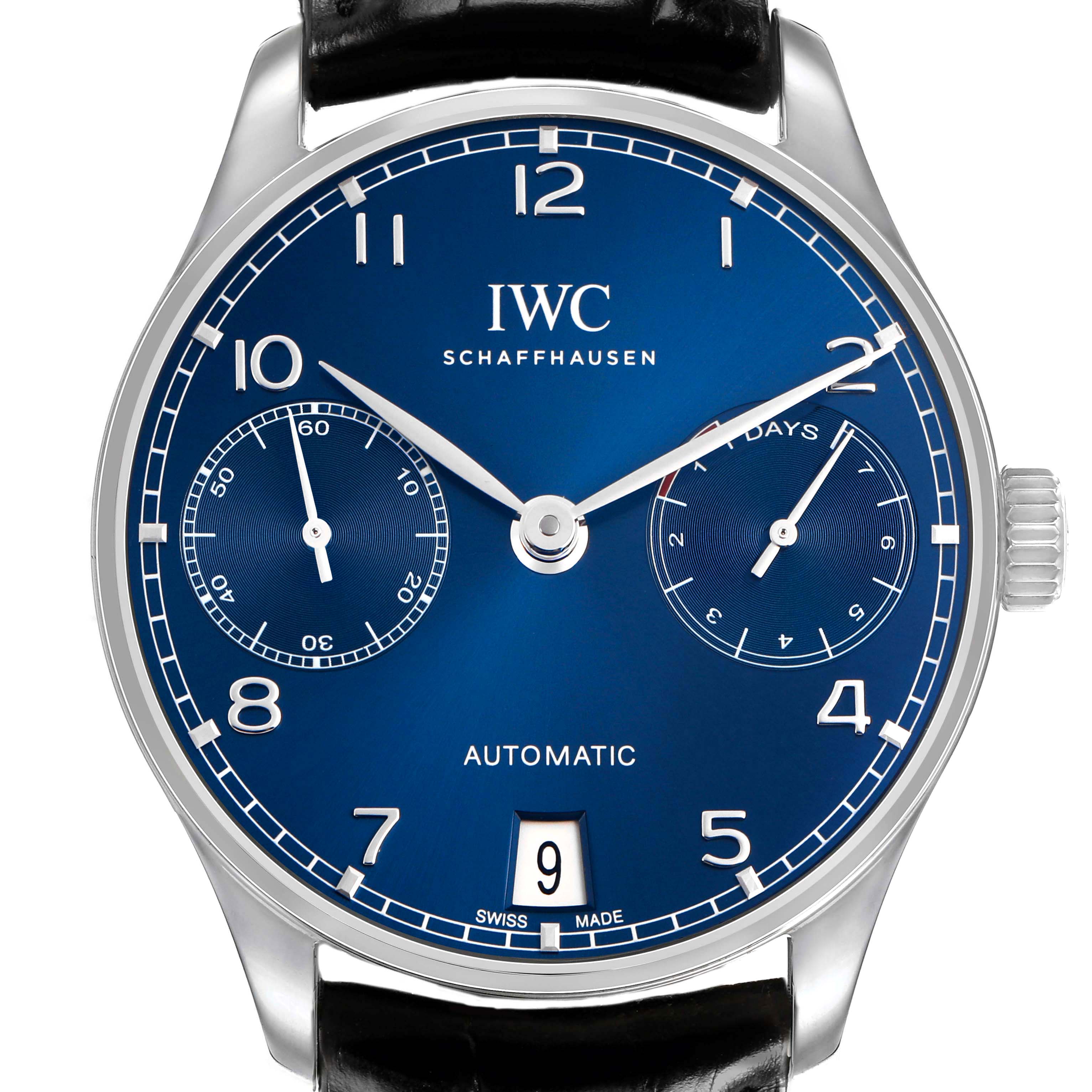 The IWC Portuguese IW500710 Men's Stainless Steel Blue Dial model is shown from a front angle, featuring the dial, subdials, crown, and part of the strap.
