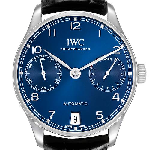 The IWC Portuguese IW500710 Men's Stainless Steel Blue Dial model watch is shown from the front, displaying the dial, hands, date window, and subdials.