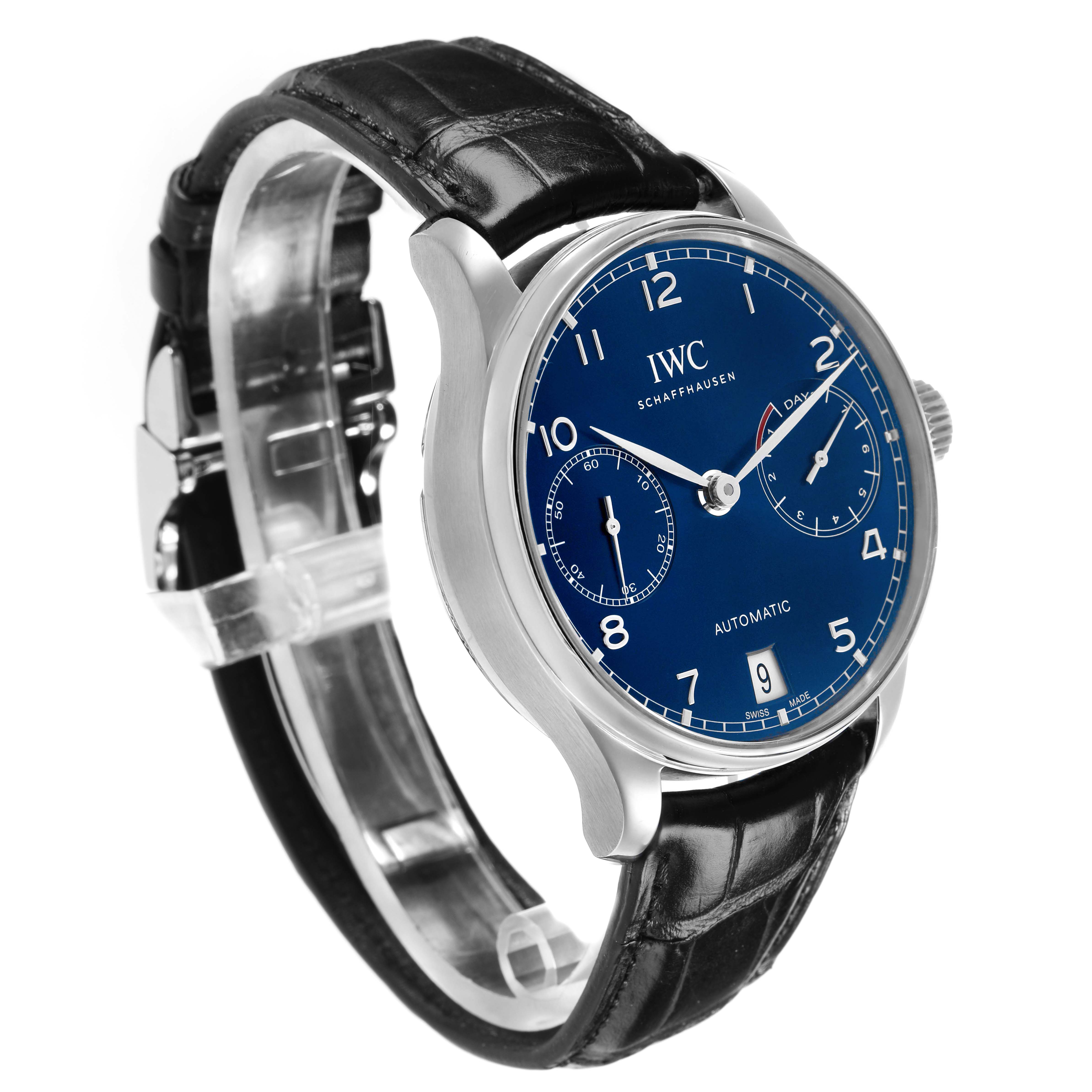 The IWC Portuguese IW500710 Men's Stainless Steel Blue Dial watch is shown at a three-quarter angle, displaying the blue dial, stainless steel case, leather strap, and crown.