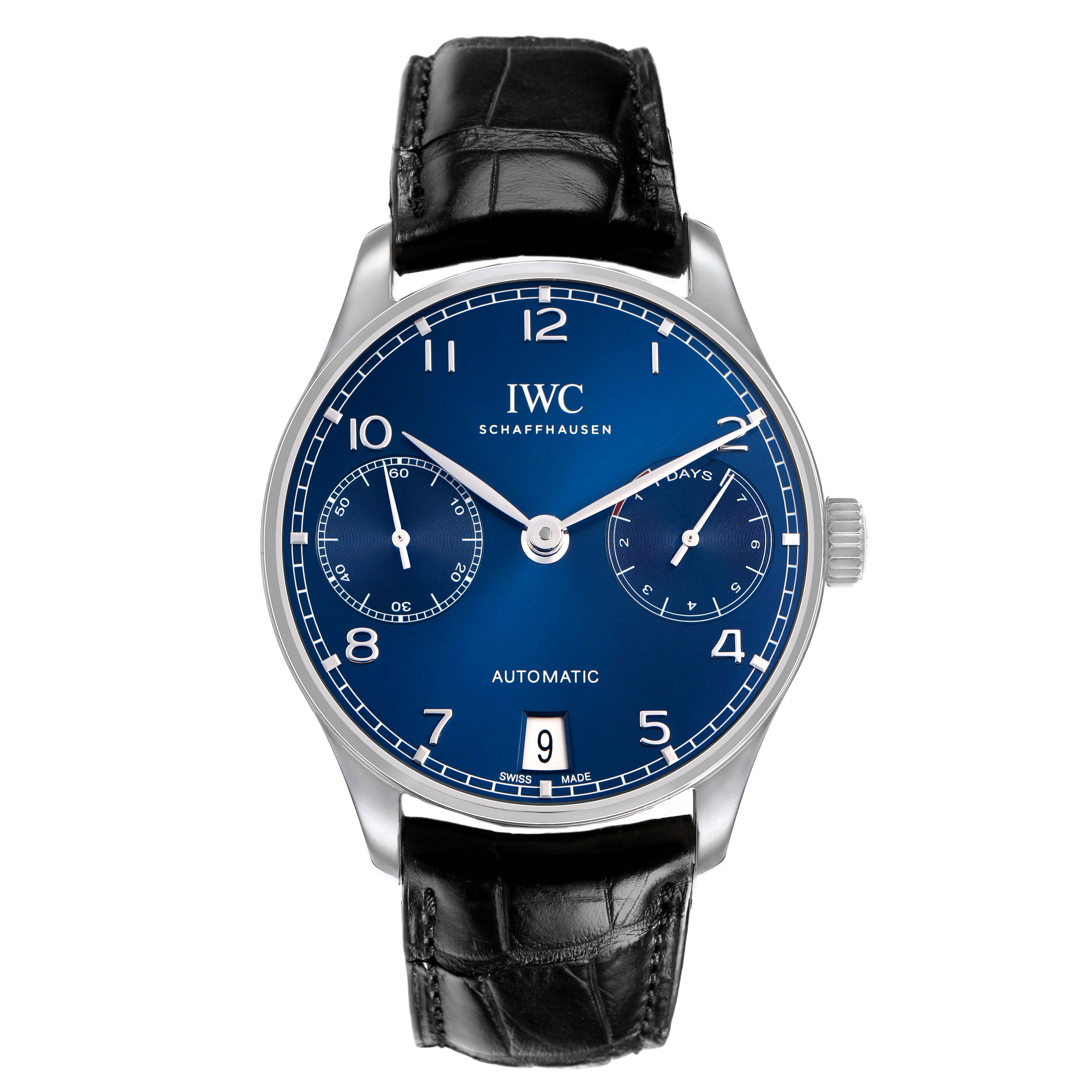 The IWC Portuguese IW500710 Men's Stainless Steel Blue Dial model is displayed from a front angle, showcasing its blue dial, subdials, and leather strap.