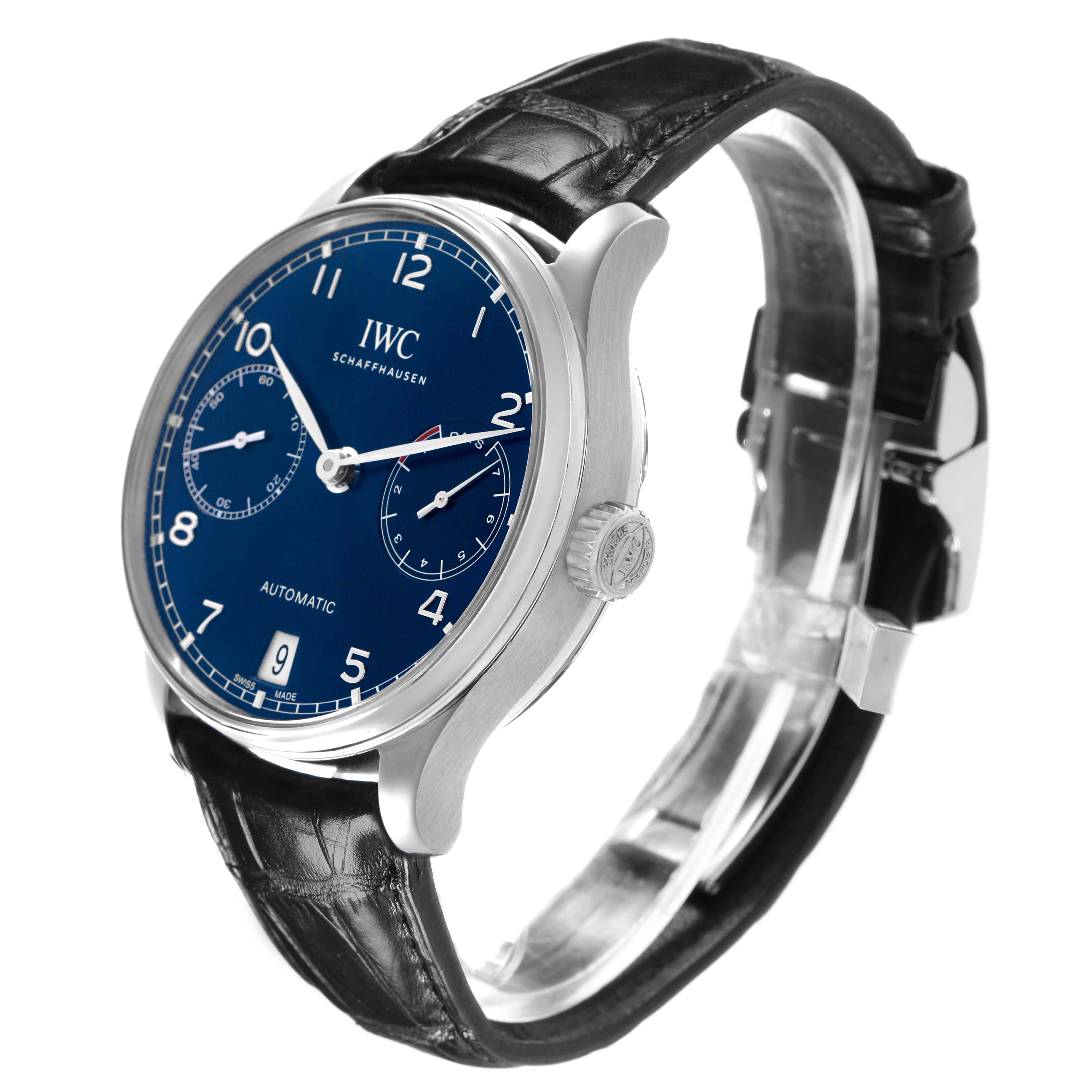 The IWC Portuguese IW500710 Men's Stainless Steel Blue Dial watch is shown at a three-quarter angle, displaying the blue dial, crown, lugs, and black leather strap.