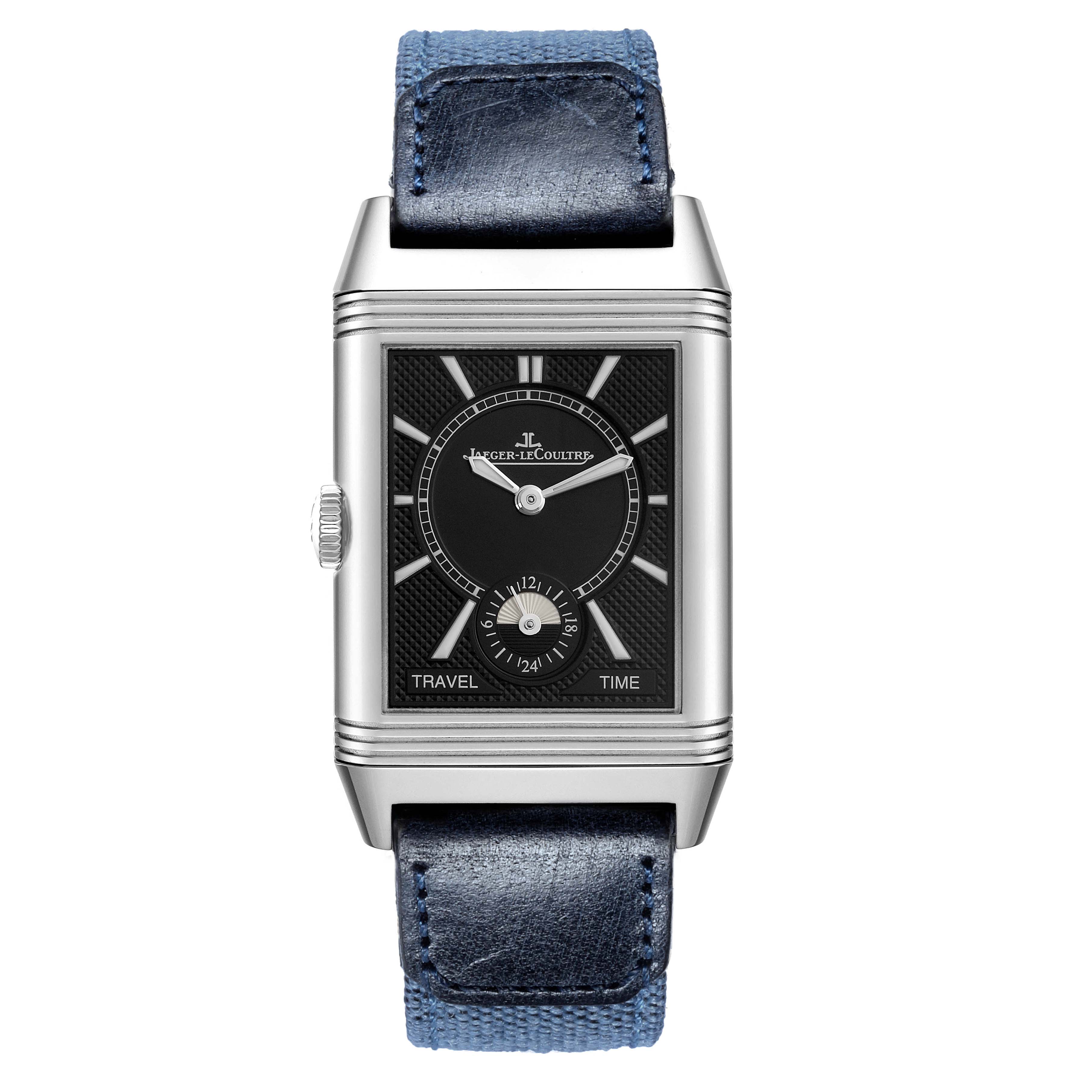 The Jaeger-LeCoultre Reverso watch is shown from the front, displaying the face, case, and blue leather strap.