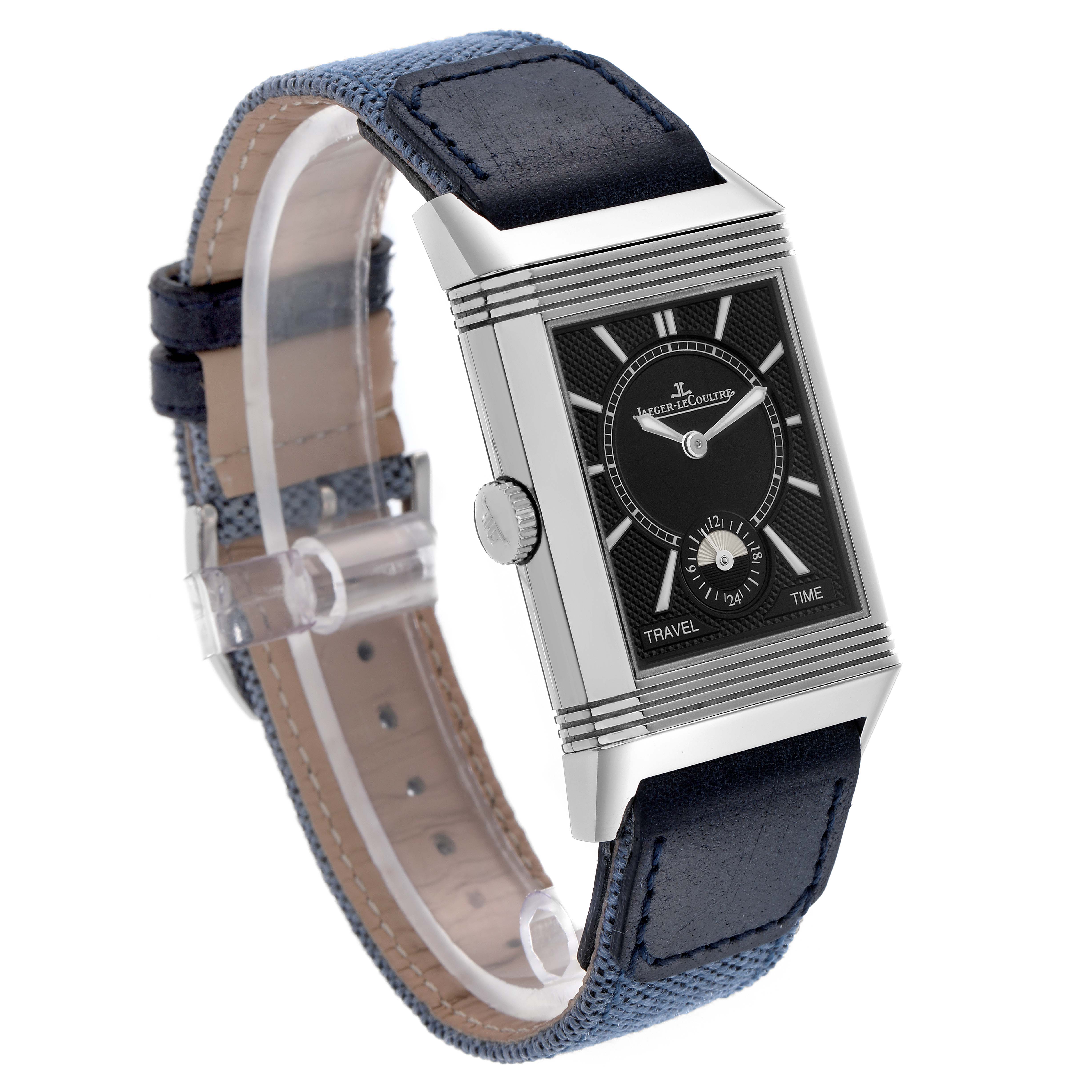 The Jaeger LeCoultre Reverso Q3848422 Men
s Stainless Steel Silver Dial watch is shown at a three-quarter angle, highlighting the case, crown, and blue strap.