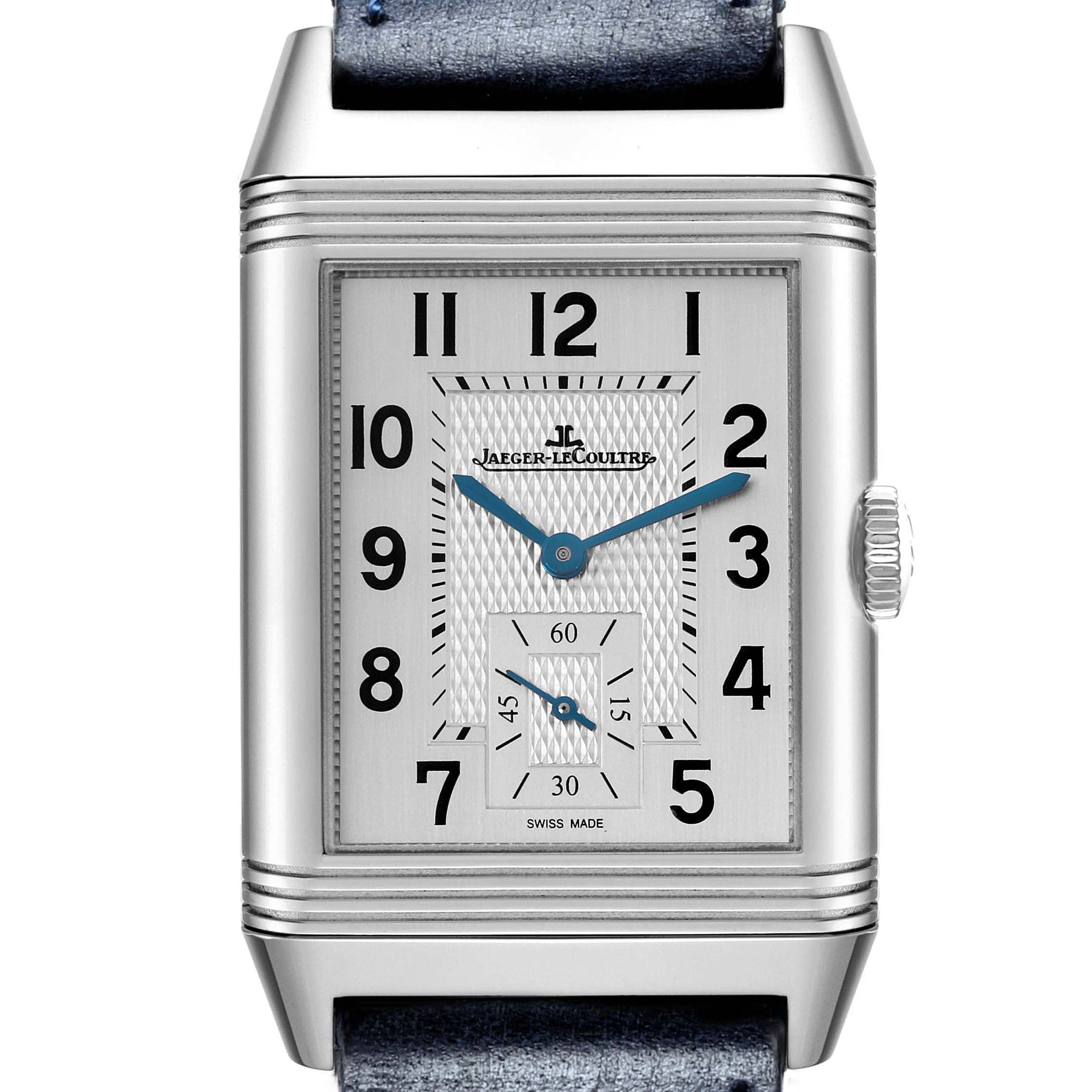 The Jaeger LeCoultre Reverso Q3848422 Men
s Stainless Steel Silver Dial watch is shown from a front angle, highlighting the dial, hands, and crown.
