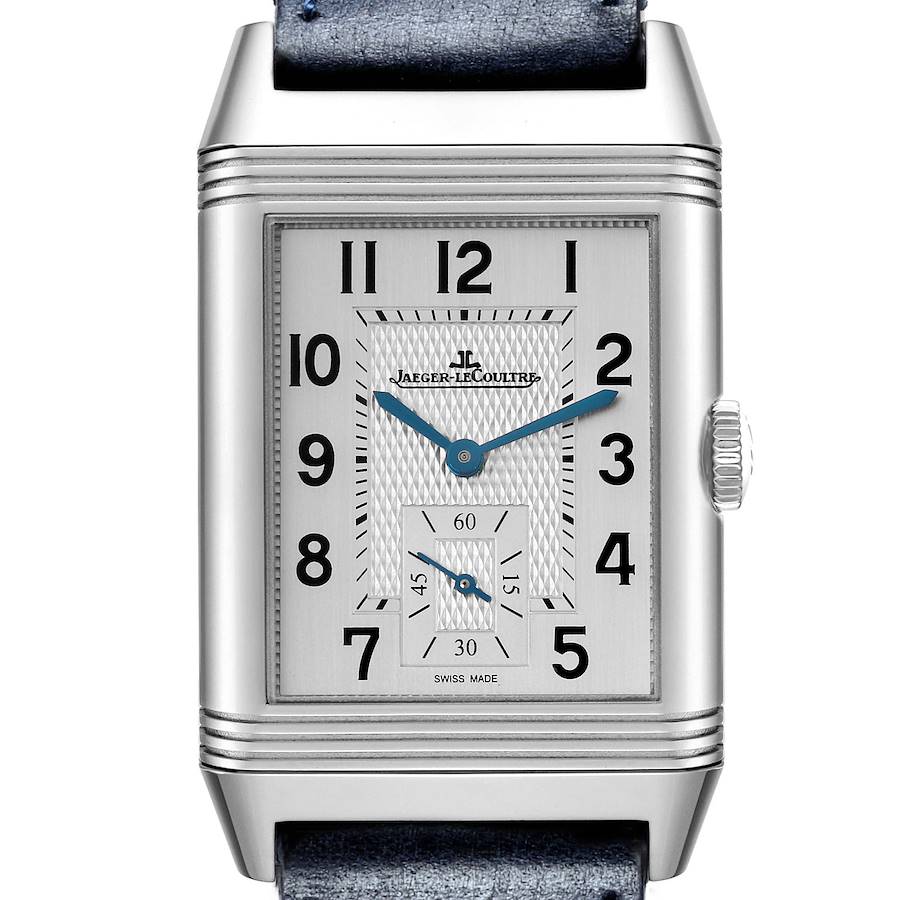 The Jaeger LeCoultre Reverso model Q3848422 is shown from the front, highlighting the dial, case, crown, and strap.