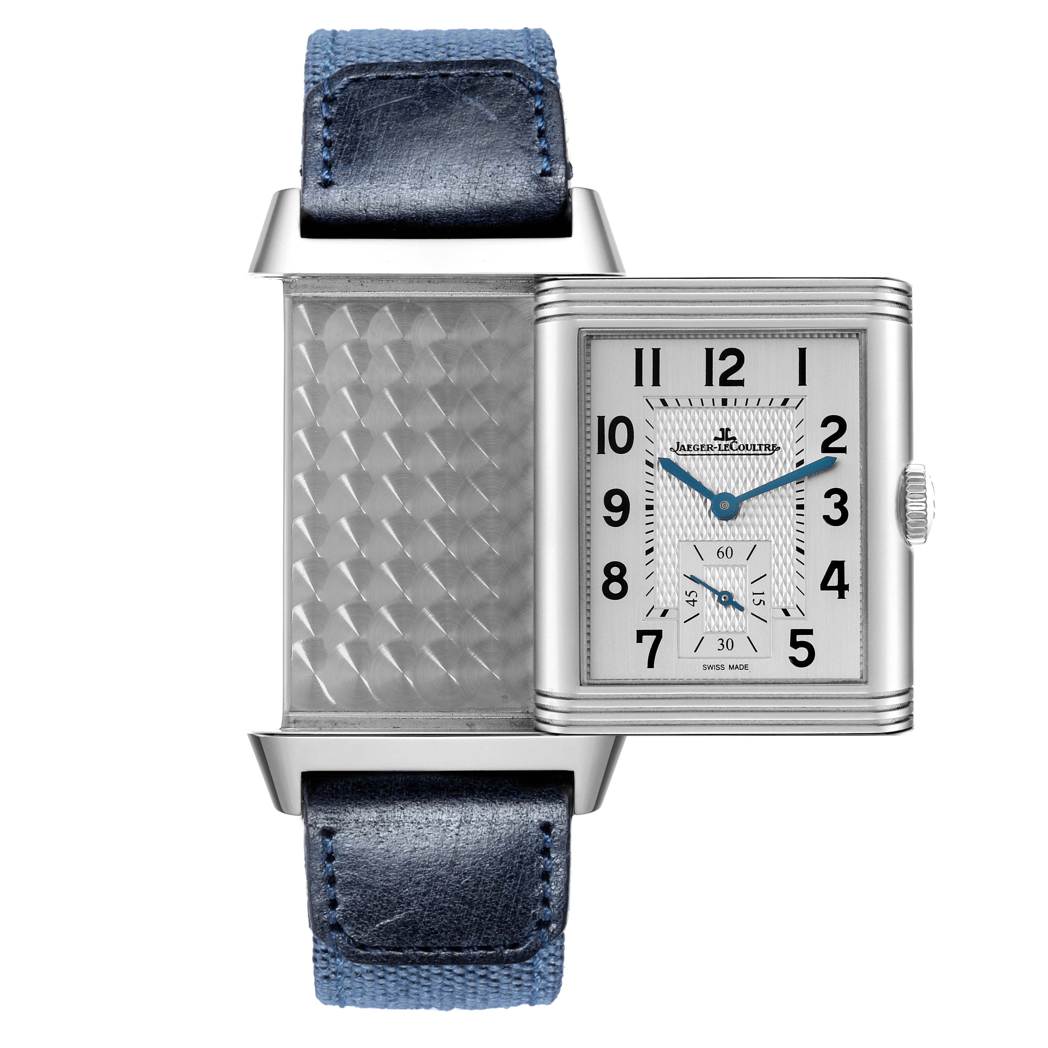 The Jaeger-LeCoultre Reverso watch is shown with one side open, displaying both the patterned reverse and the main watch face.