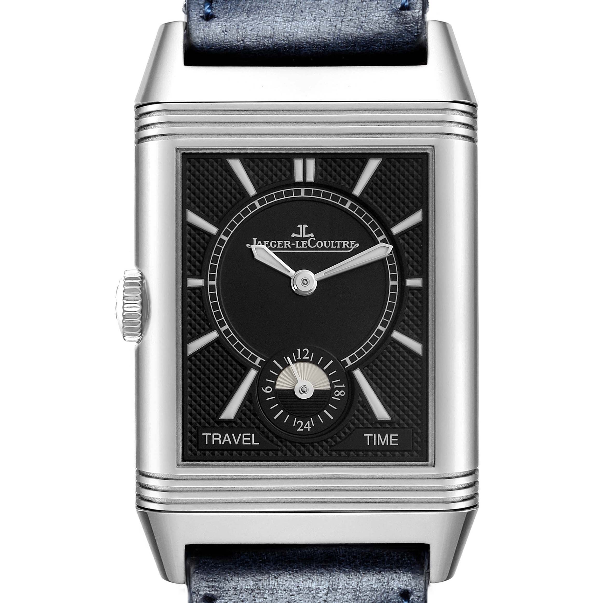 The Jaeger LeCoultre Reverso Q3848422 Men
s Stainless Steel Silver Dial watch is shown from the front, highlighting the dial, crown, and part of the strap.