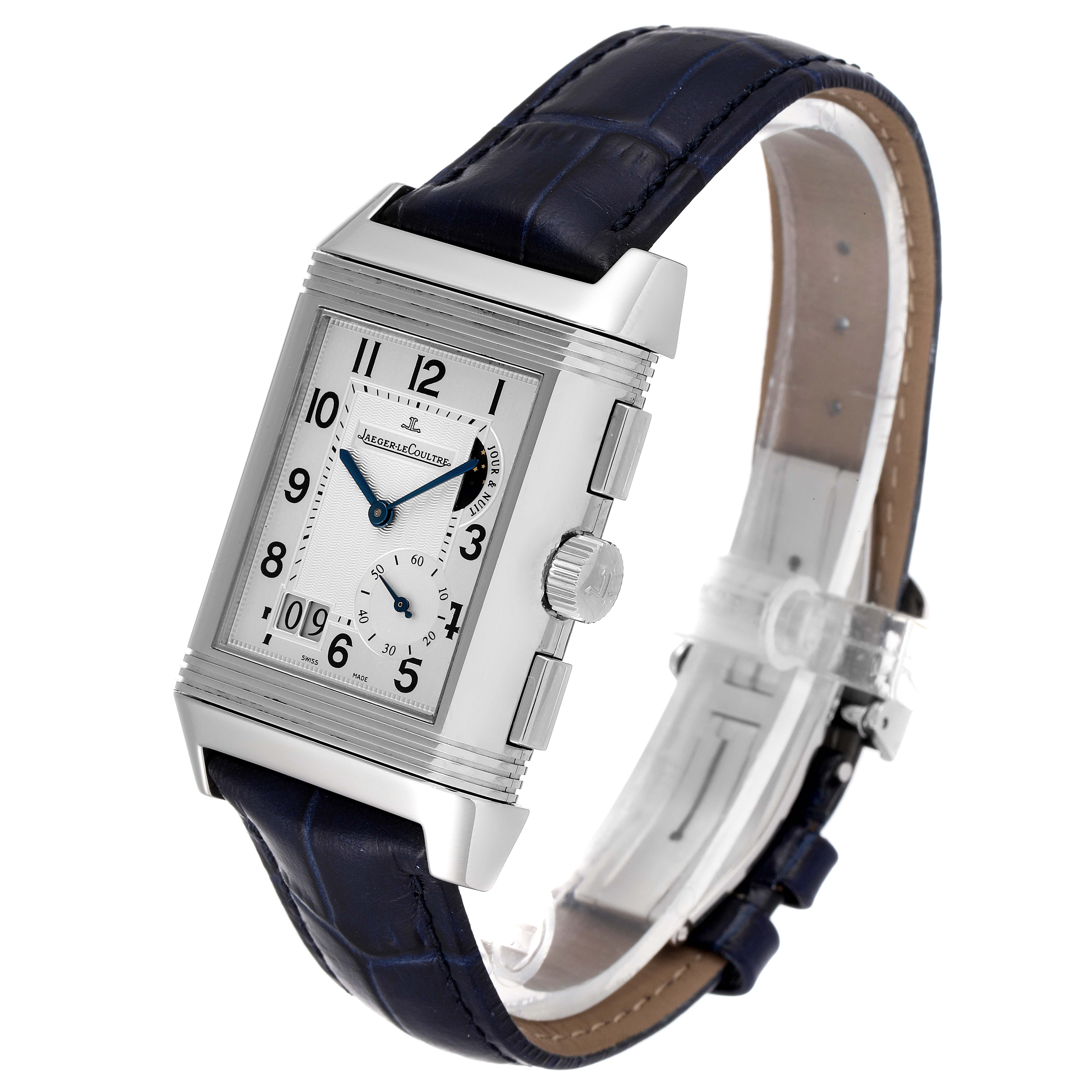This Jaeger LeCoultre Reverso Q3028420 Men's Stainless Steel Silver Dial Q3028420 Men's Stainless Steel Silver Dial watch is shown at a three-quarter angle, displaying the rectangular face, crown, and leather strap.