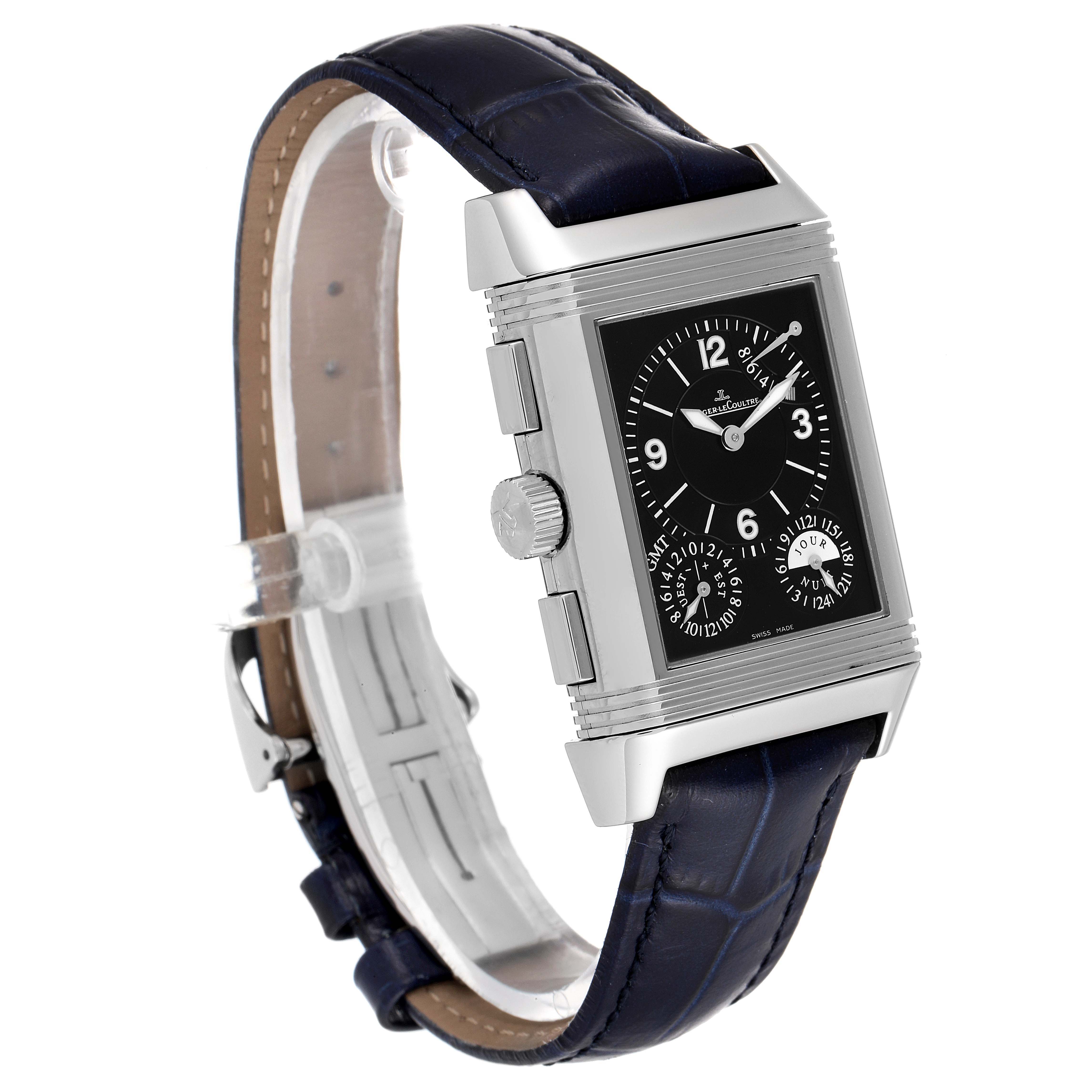 This image shows the Jaeger LeCoultre Reverso Q3028420 Men's Stainless Steel Silver Dial Q3028420 Men's Stainless Steel Silver Dial watch at a three-quarter angle, displaying the face and part of the strap.